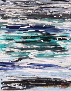 VAGUE. II  Abstract framed blue painting, Painting, Acrylic on Paper