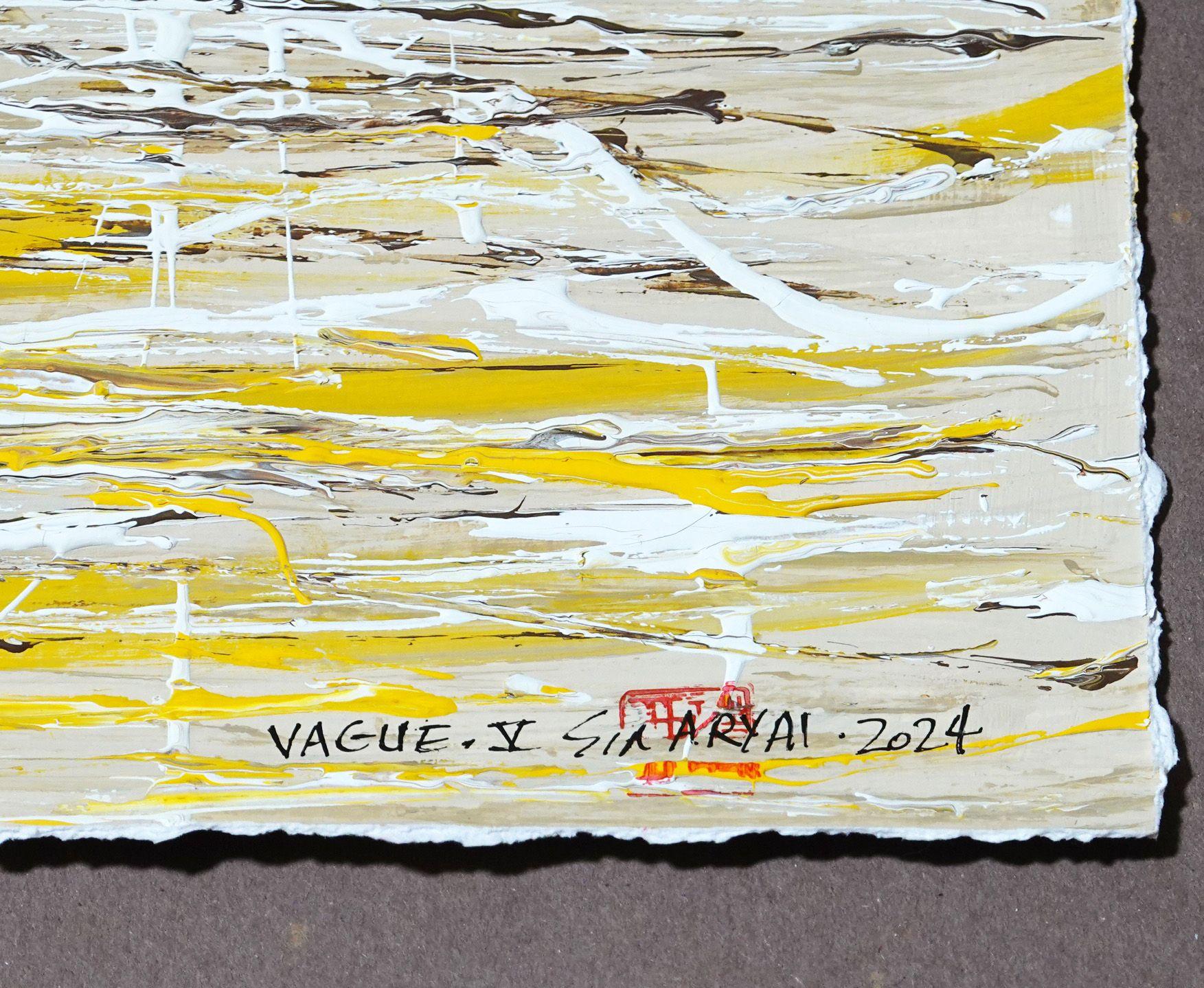 VAGUE. V  Abstraktes weiß gerahmtes gelbes Gemälde, Acryl auf Papier im Angebot 1