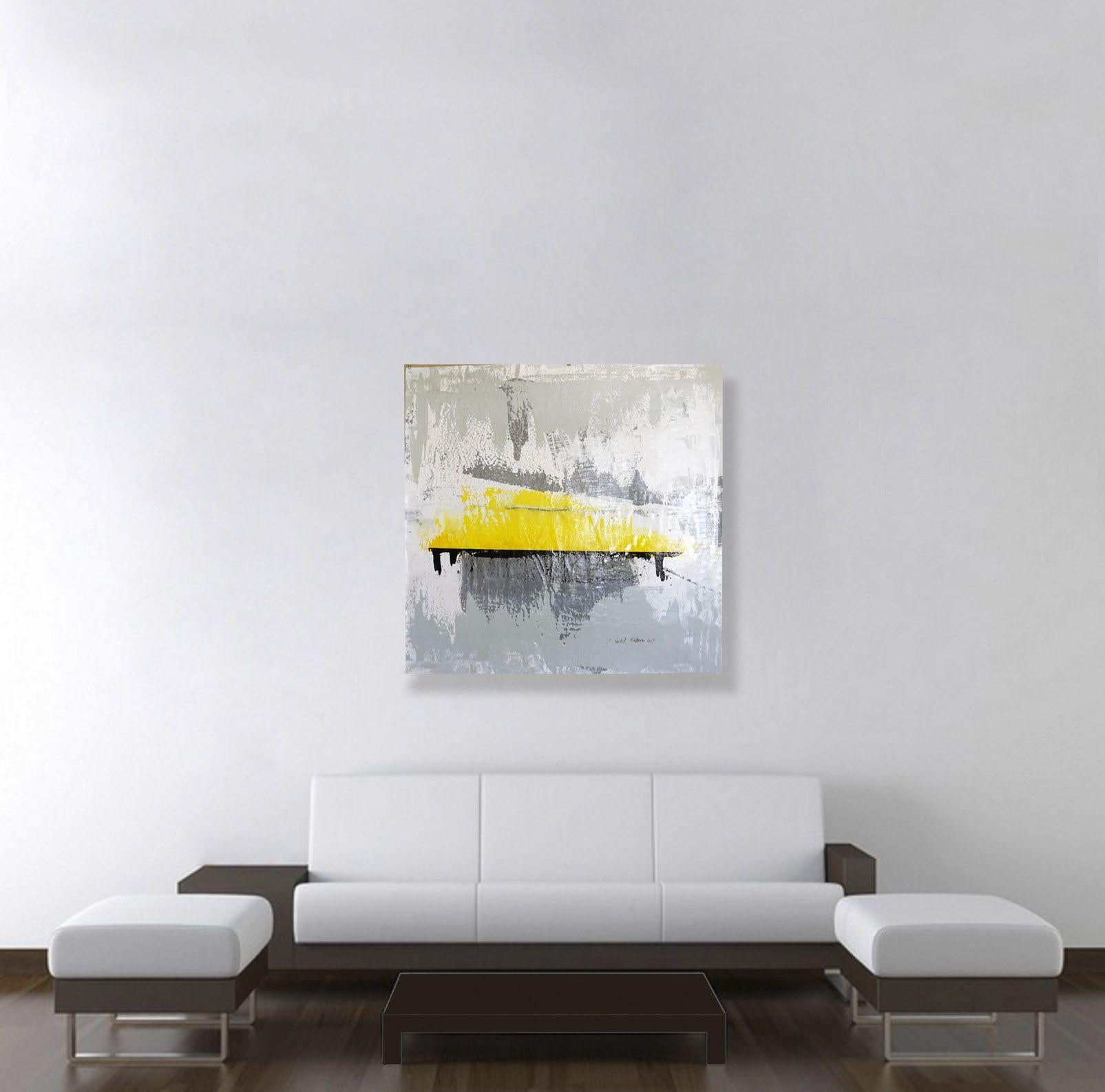 Vega Abstract Yellow/ Dash of charcoal painting, Painting, Acrylic on Canvas For Sale 3