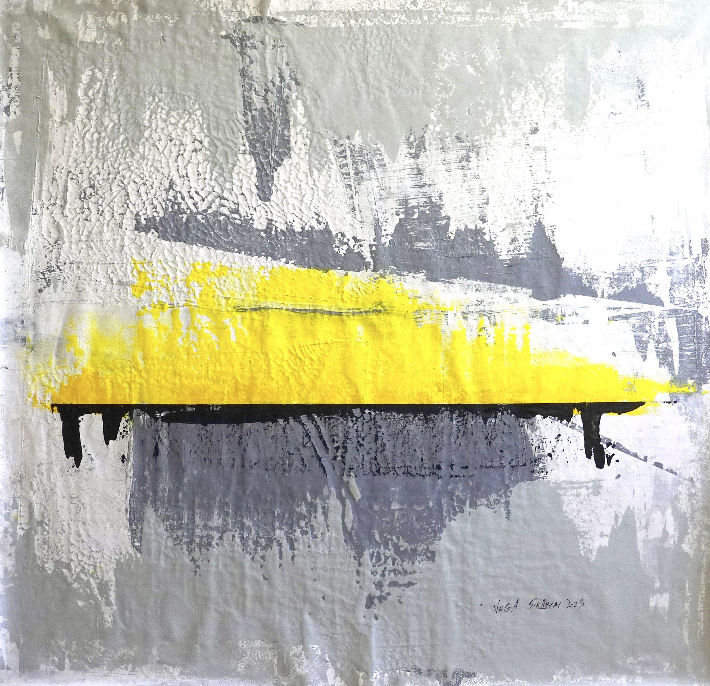 Vega Abstract Electric Yellow With Dash of   charcoal Mixed Media Painting  Whether you love art or just looking to  decorate your home, this piece  will create a new ambiance and  impact your daily life.  This high-quality 45X44â€
