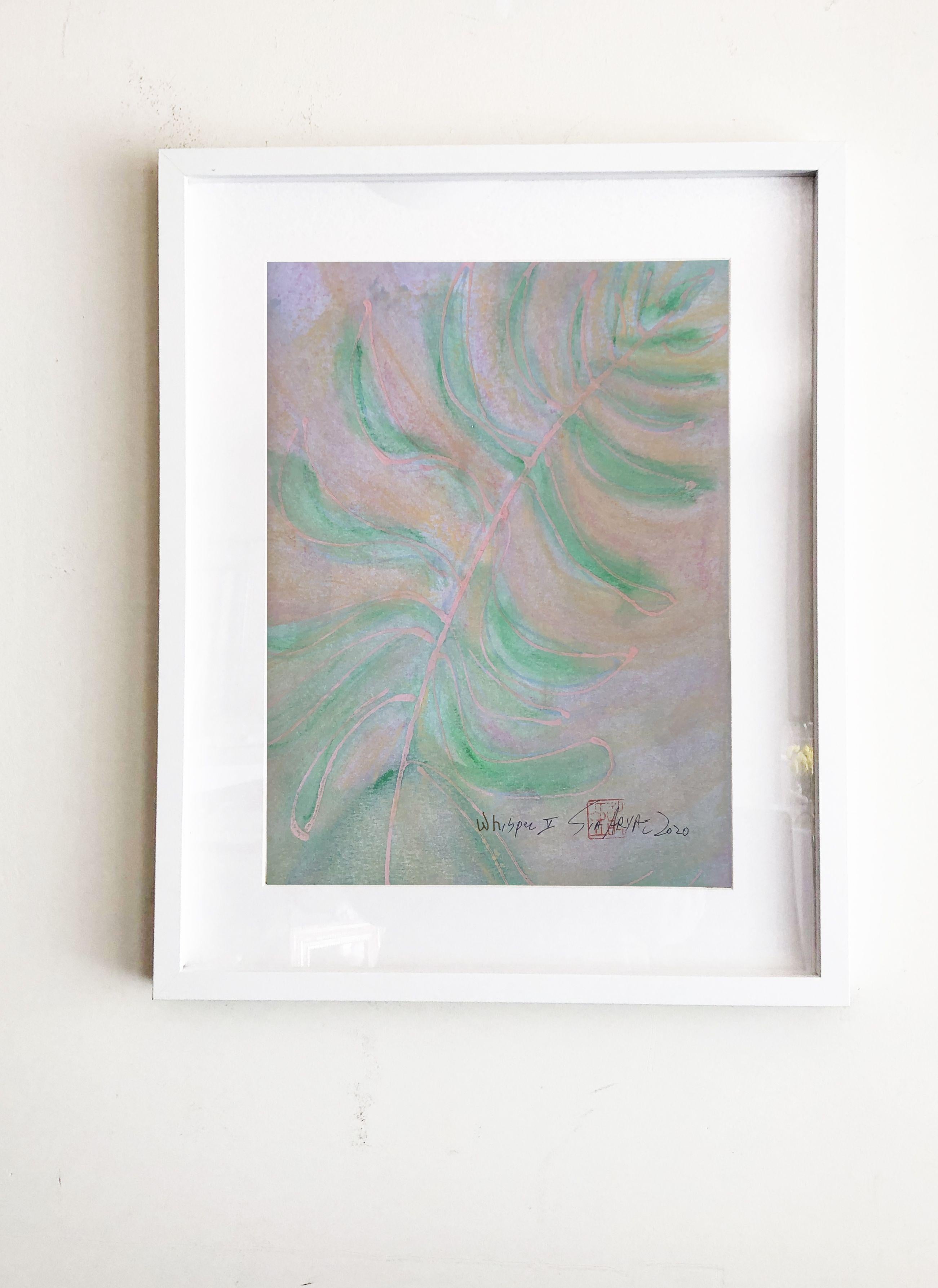 Whisper.V Green leaf framed abstract painting, Painting, Acrylic on Paper For Sale 1