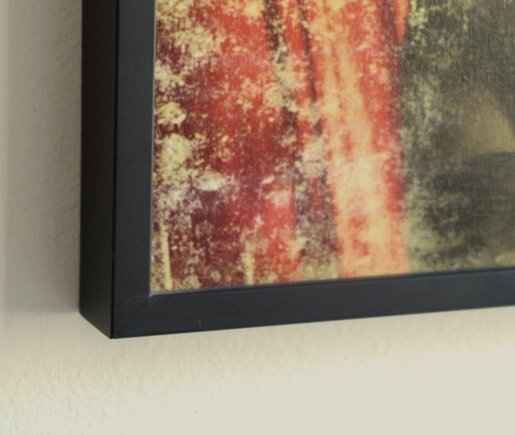 Elegant, heavyweight canvas is treated with multiple layers of varnish, hand painted with metallic chrome ink before and after printing. Aged by sanding to create visual metaphors. artwork  size 19X14â€