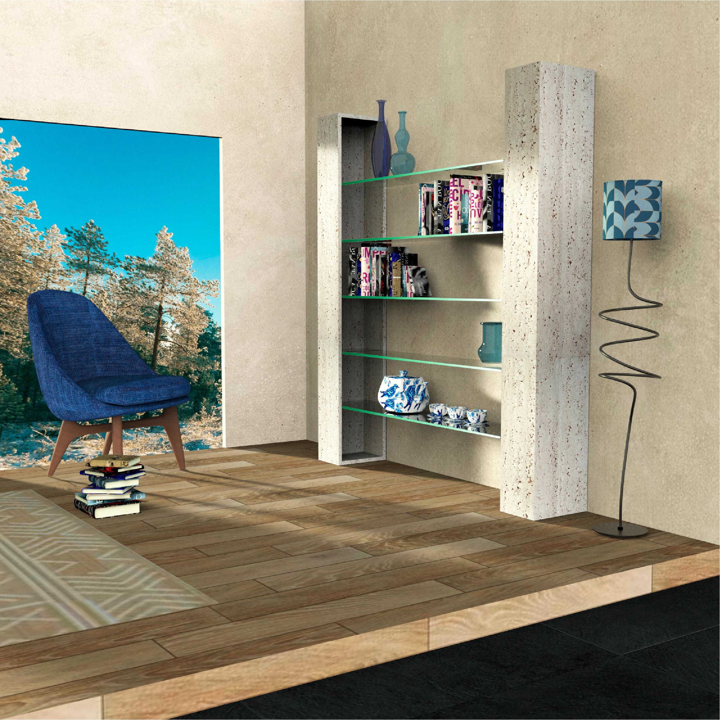 Estanteria de Marmol Sial Travertino Italiano Cristal Estanteria de Lujo Meddel España
Equilibrio perfecto de geometría, simetría y pureza de materiales, la estantería Sial de Joaquín Moll encarna la esencia de la elegancia atemporal. Diseñada y