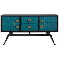 Siam Lacquered Raffia and Mahogany Credenza