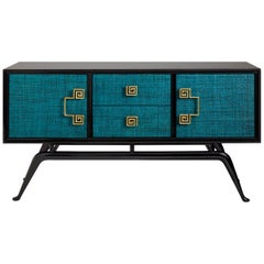 Siam Lacquered Raffia and Mahogany Credenza