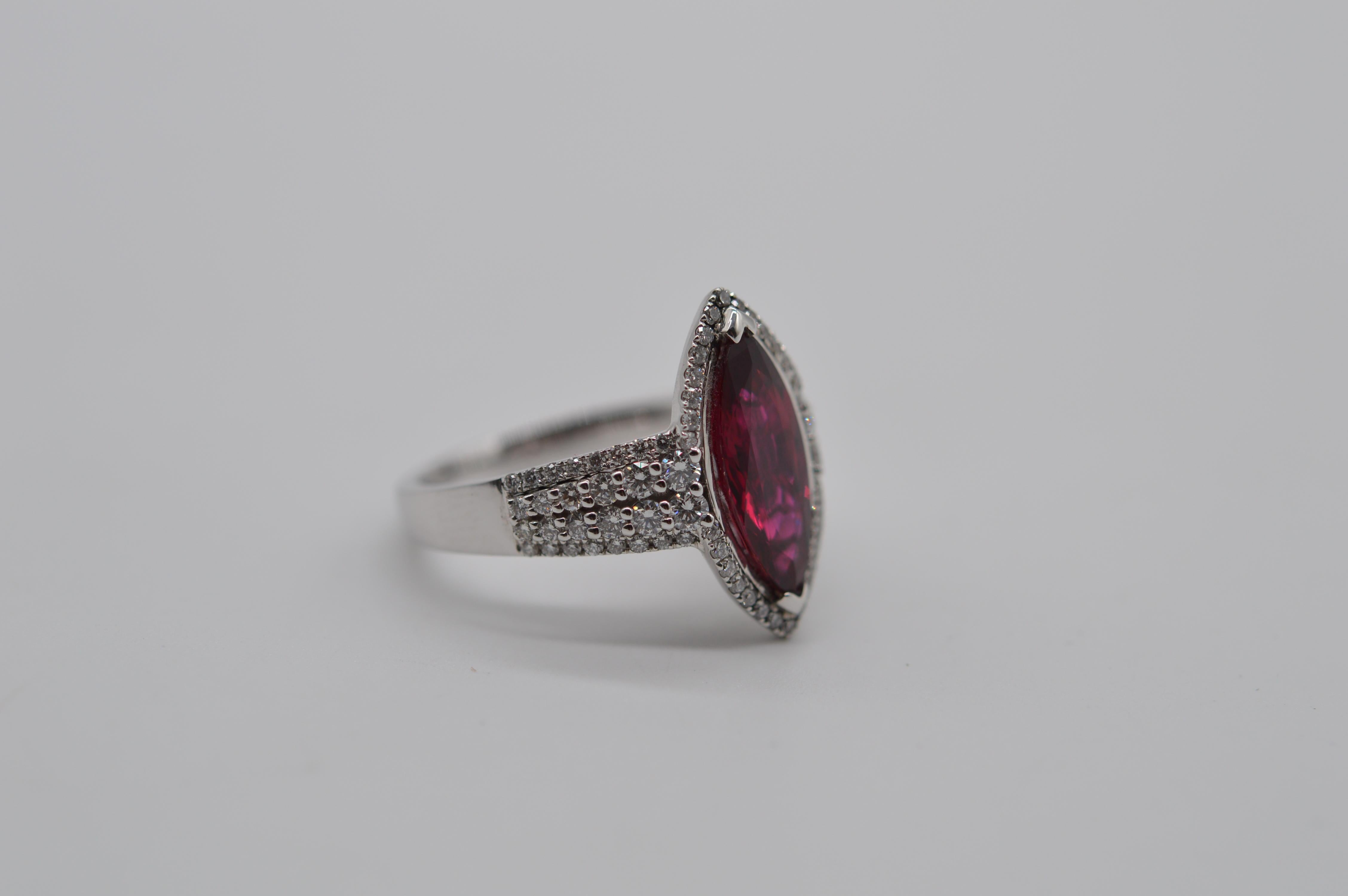 Art Deco Siam Marquise Ruby Ring 2.95 Cts Heated C.Dunaigre Certified Unworn For Sale