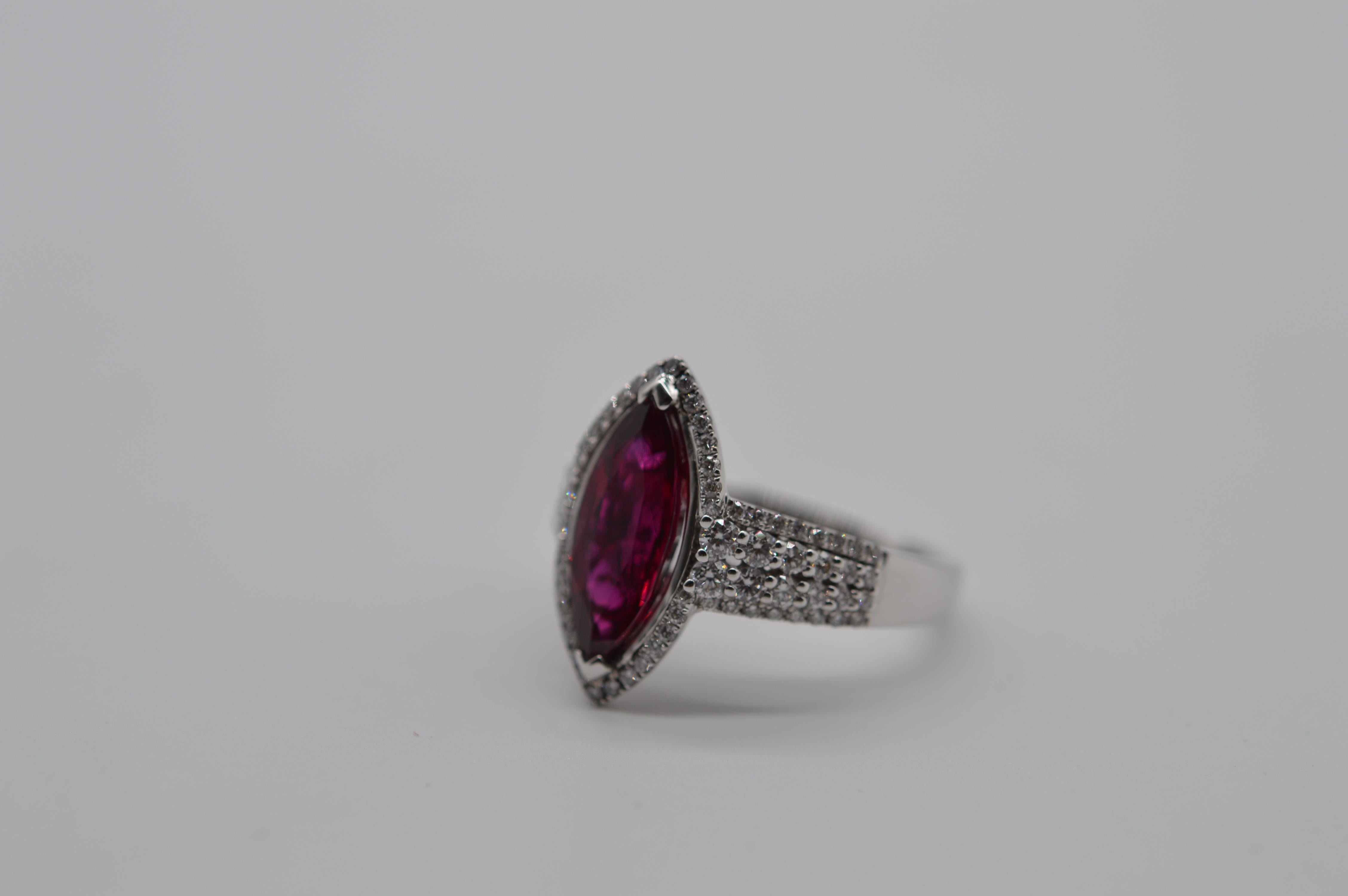 Marquise Cut Siam Marquise Ruby Ring 2.95 Cts Heated C.Dunaigre Certified Unworn For Sale