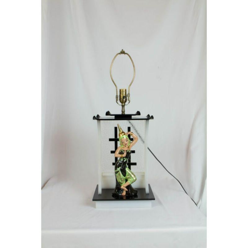 Delightfully kitschy Moss lamp. White and Black acrylic frame with Siamese Dancer female figurine by Delee Arts. Moss Lamp Co. San Francisco, CA. Manufacturer reference # XT 816 Original Shade has been completely restored in silk matching the