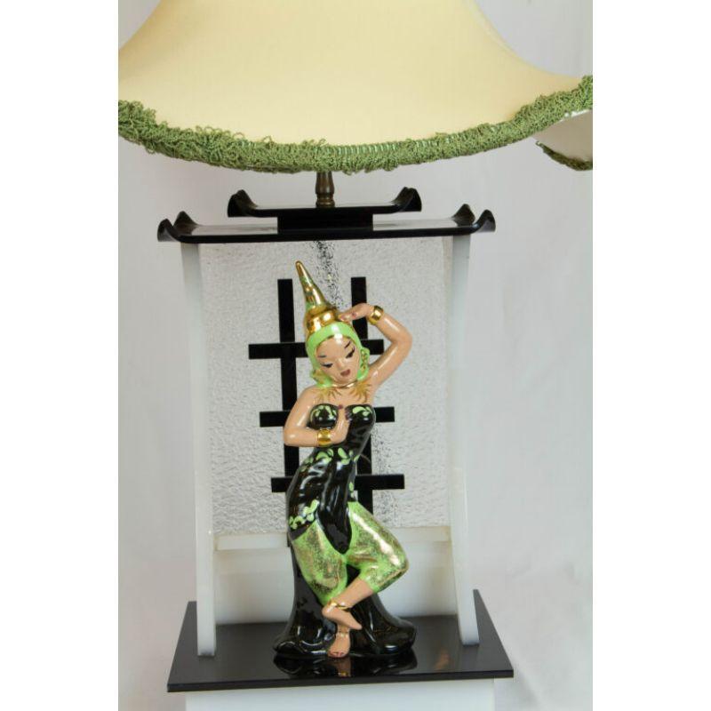 Siamese Dancer Moss Lamp with Original Shade In Excellent Condition For Sale In Canton, MA