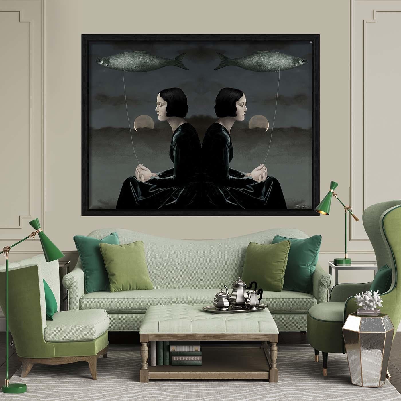 All aspects of the this limited edition fine cotton pictorial canvas are perfectly mirrored. The woman, the moon and the fish are reproduced identically on both the right and left sides. The picture implies the existence of a deeper self, different