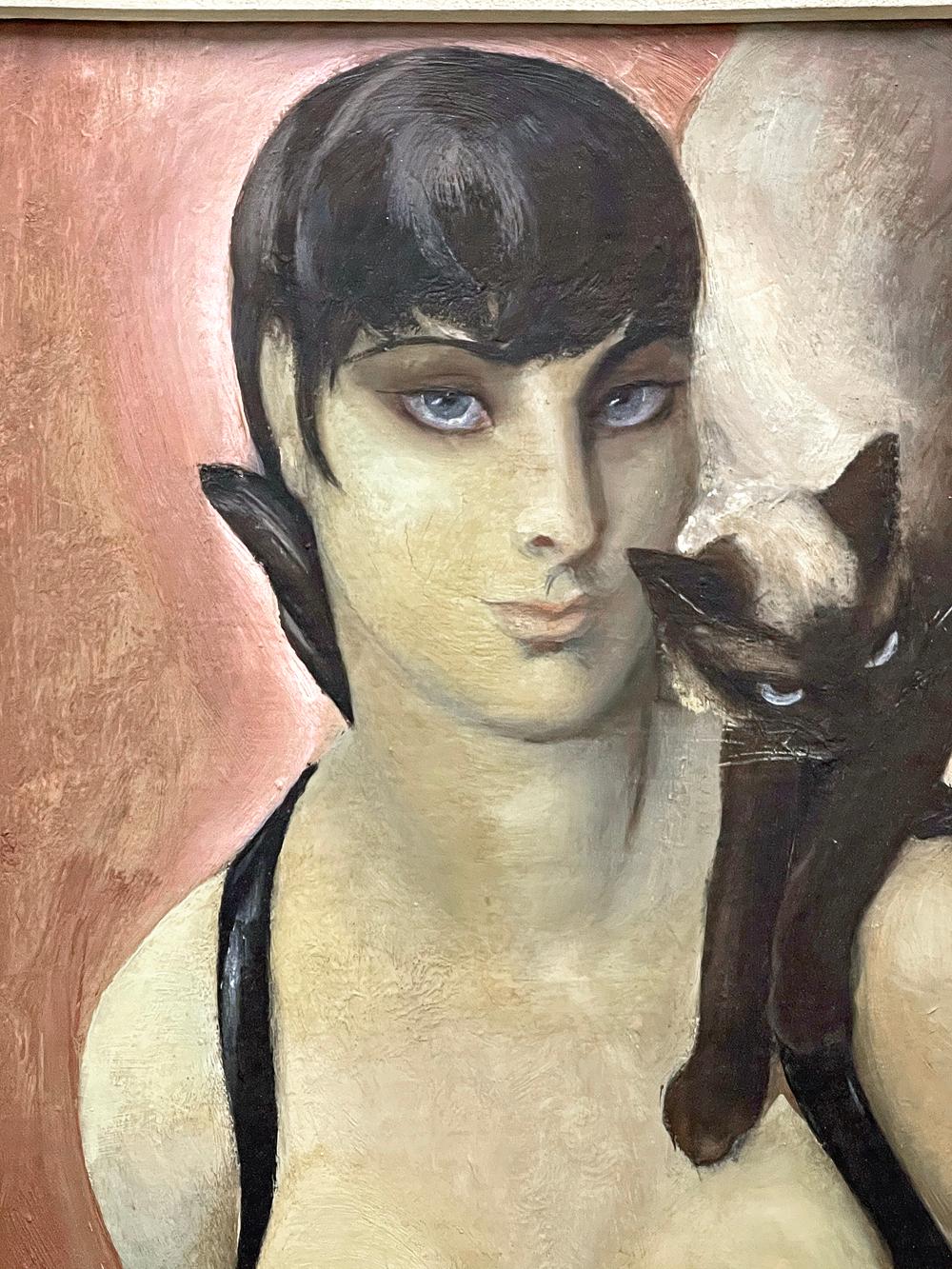 The artist behind this striking and original Art Deco portrait -- Agnes Tait -- is clearly emphasizing the parallels between a female figure and her Siamese cat, both shown with heavily-shadowed blue eyes and short, dark hair, the feline crouching