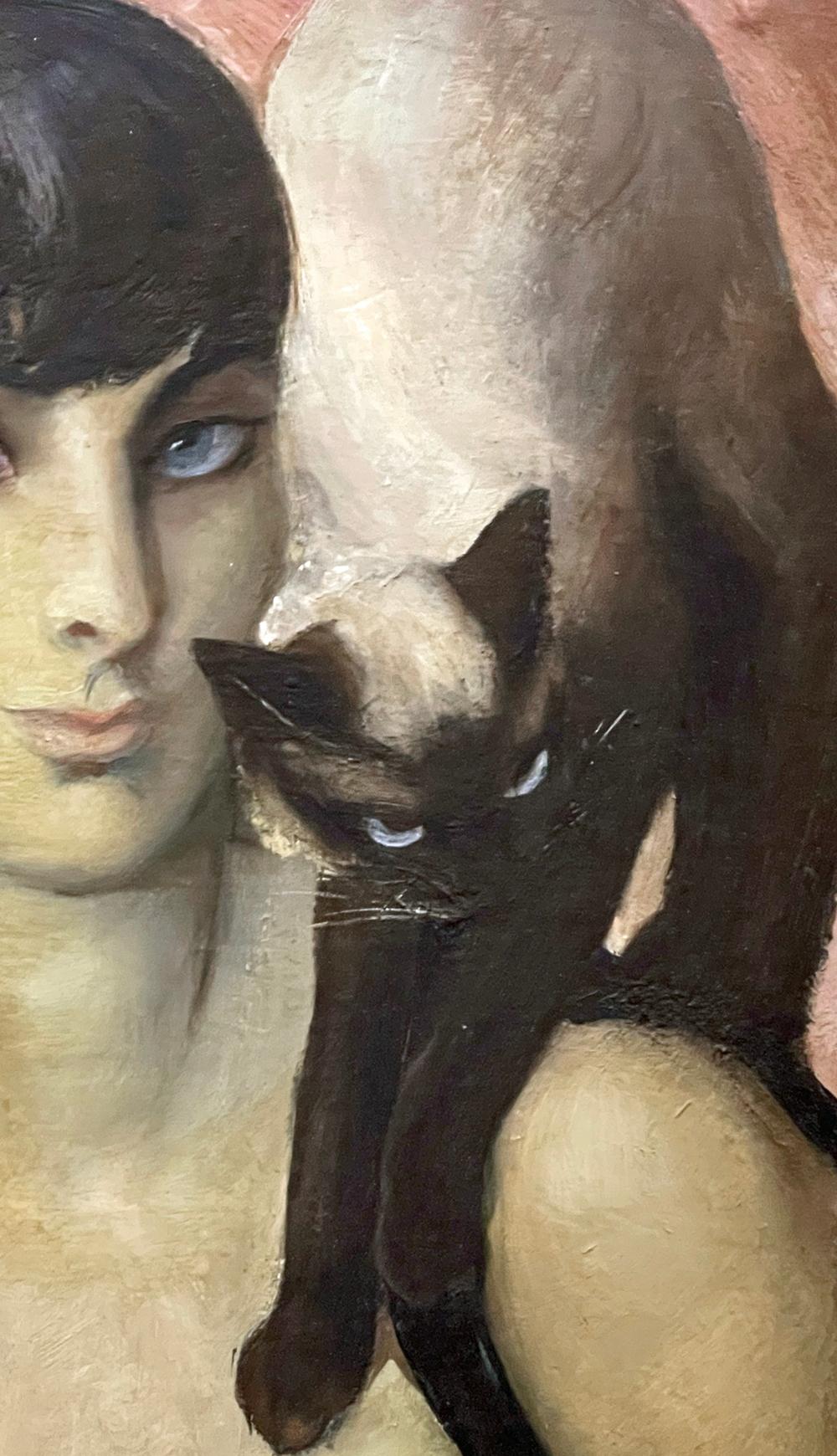 Art déco « Cesse Twins », fabuleux portrait Art Déco avec chat israélien et figure féminine en vente