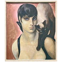 "Siamese Twins," Fabulous Art Deco Portrait with Siamese Cat and Female Figure