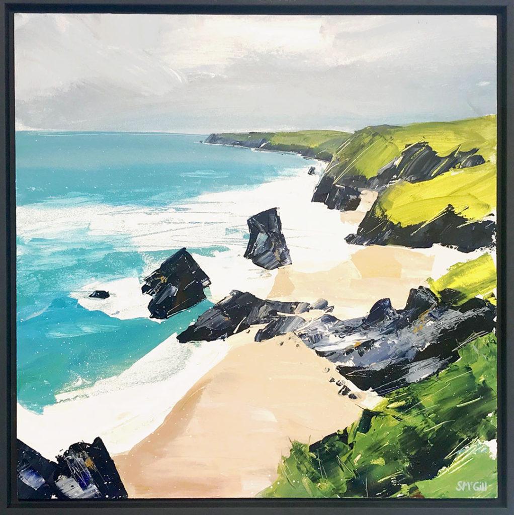Bedruthan Steps II - contemporary seaside landscape, acrylic on board  - Painting by Sian McGill