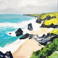 Bedruthan Steps II - contemporary seaside landscape, acrylic on board 