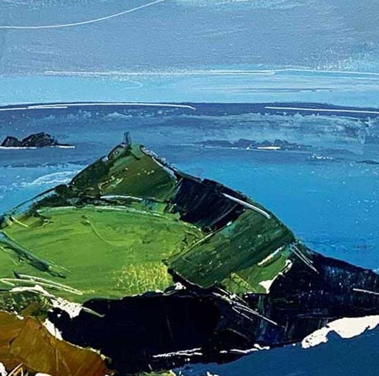 Cape Cornwall - Contemporary British Landscape: Framed Acrylic Painting - Blue Landscape Painting by Sian McGill