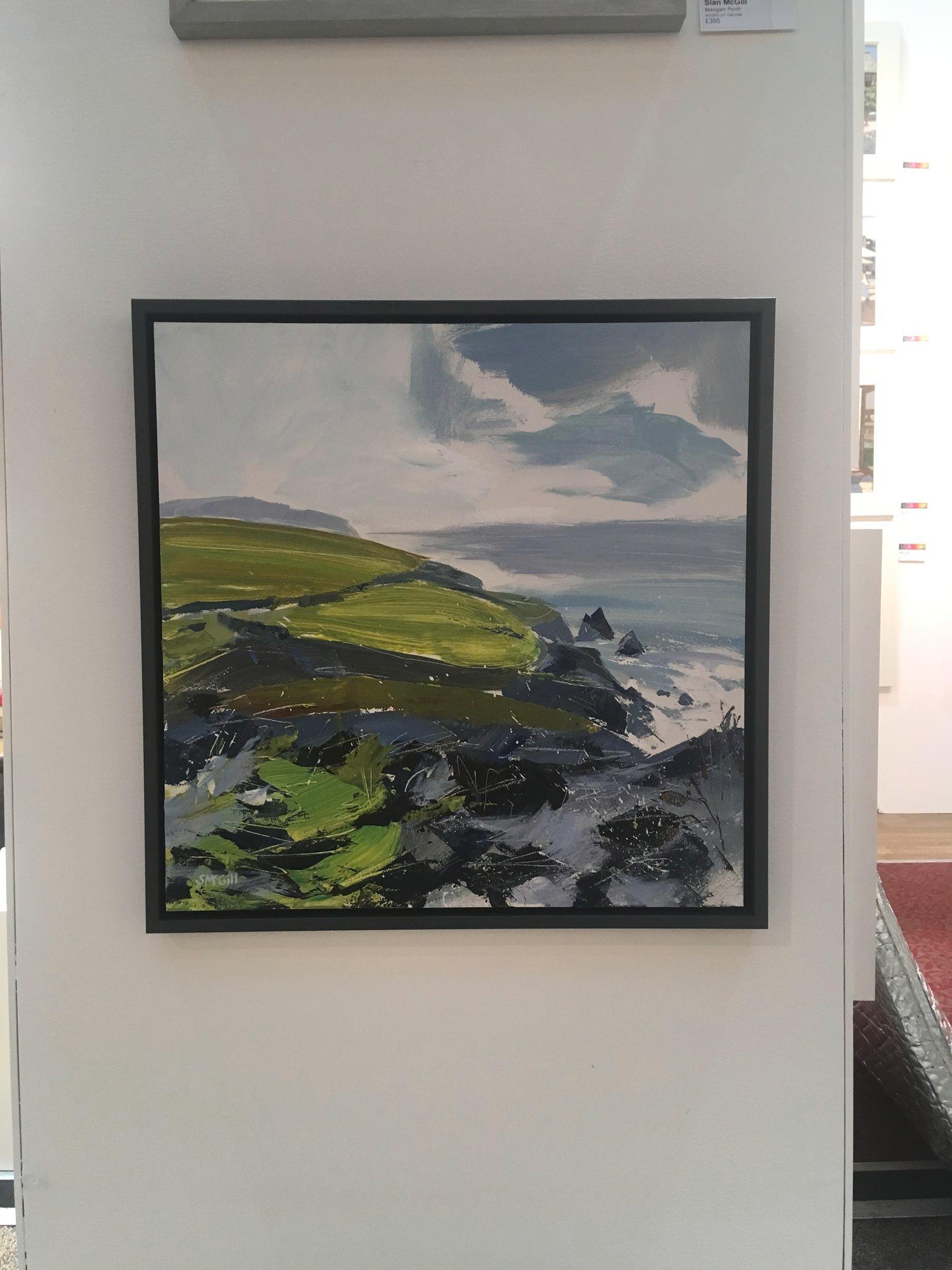 Ceibwr Bay -contemporary green and grey seascape acrylic paint on board - Painting by Sian McGill