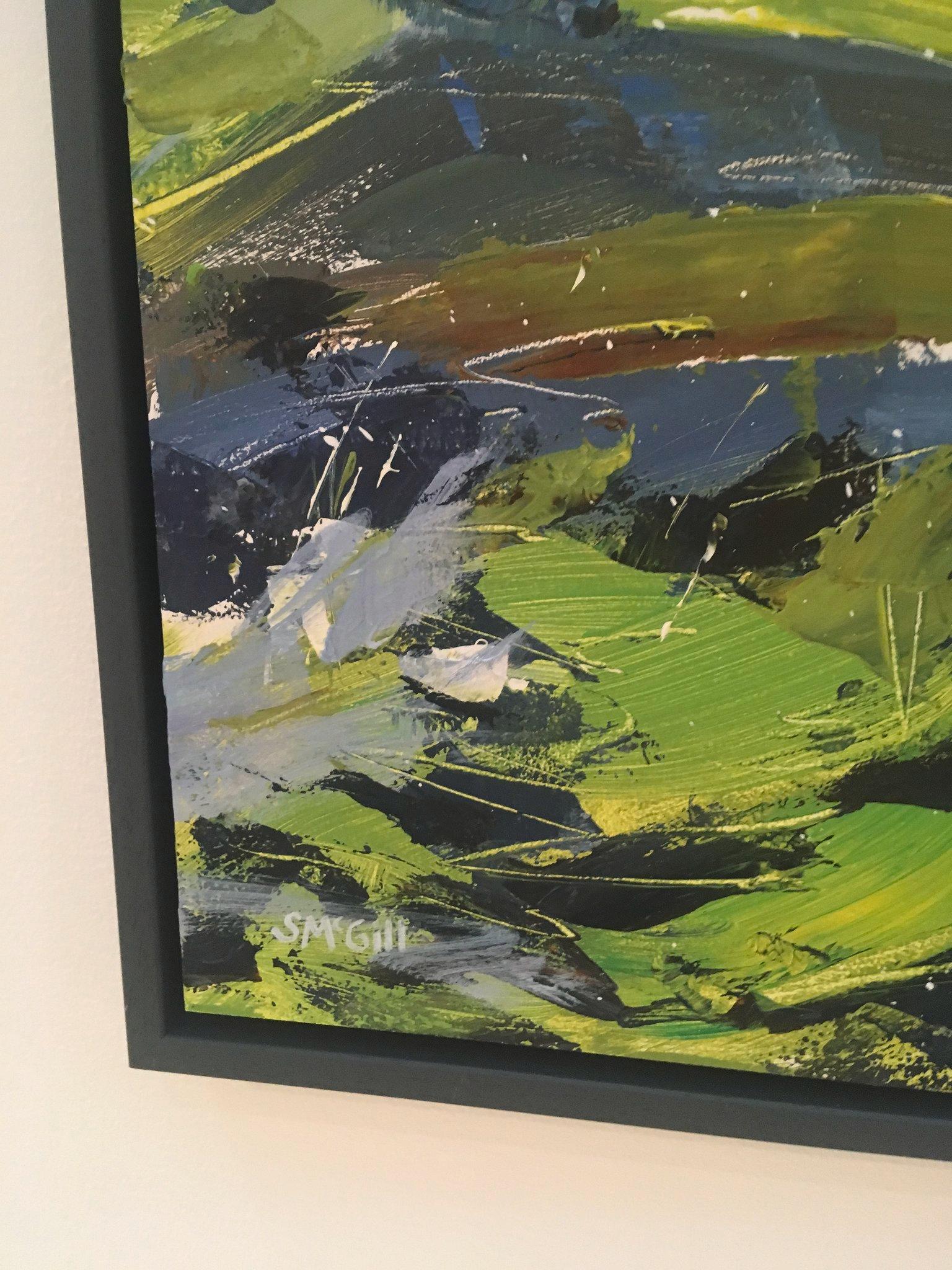 Peinture acrylique sur panneau - paysage marin contemporain vert et gris de la baie de Ceibwr - - Contemporain Painting par Sian McGill