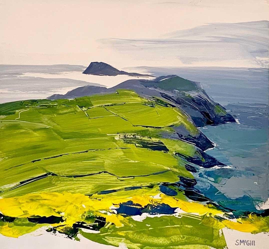 Sian McGill Landscape Painting – Enlli - Zeitgenössische ländliche Landschaft: Gerahmte Acrylmalerei