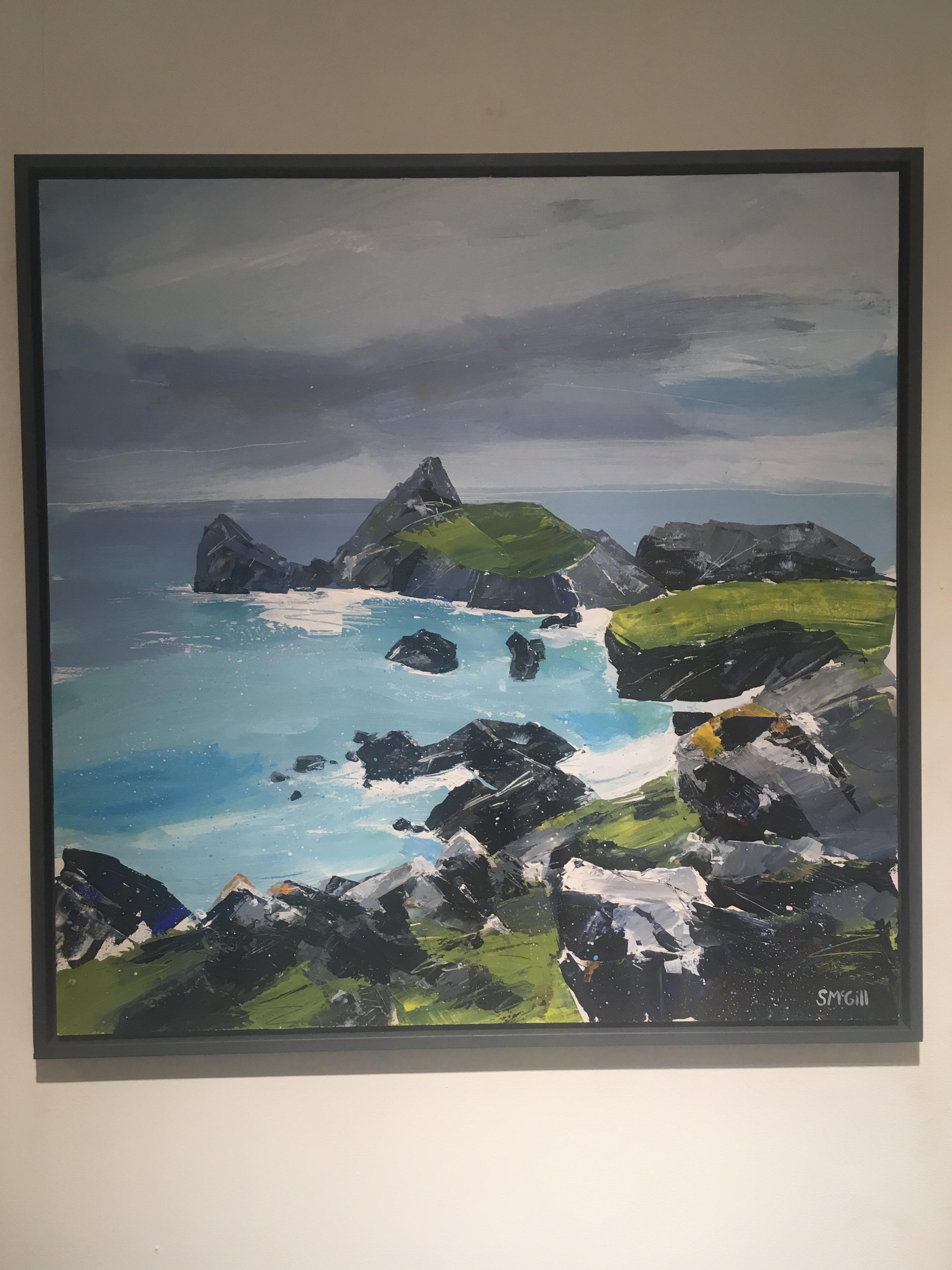 Kynance Cove II - landscape acrylic board framed coastline Cornwall - Painting by Sian McGill