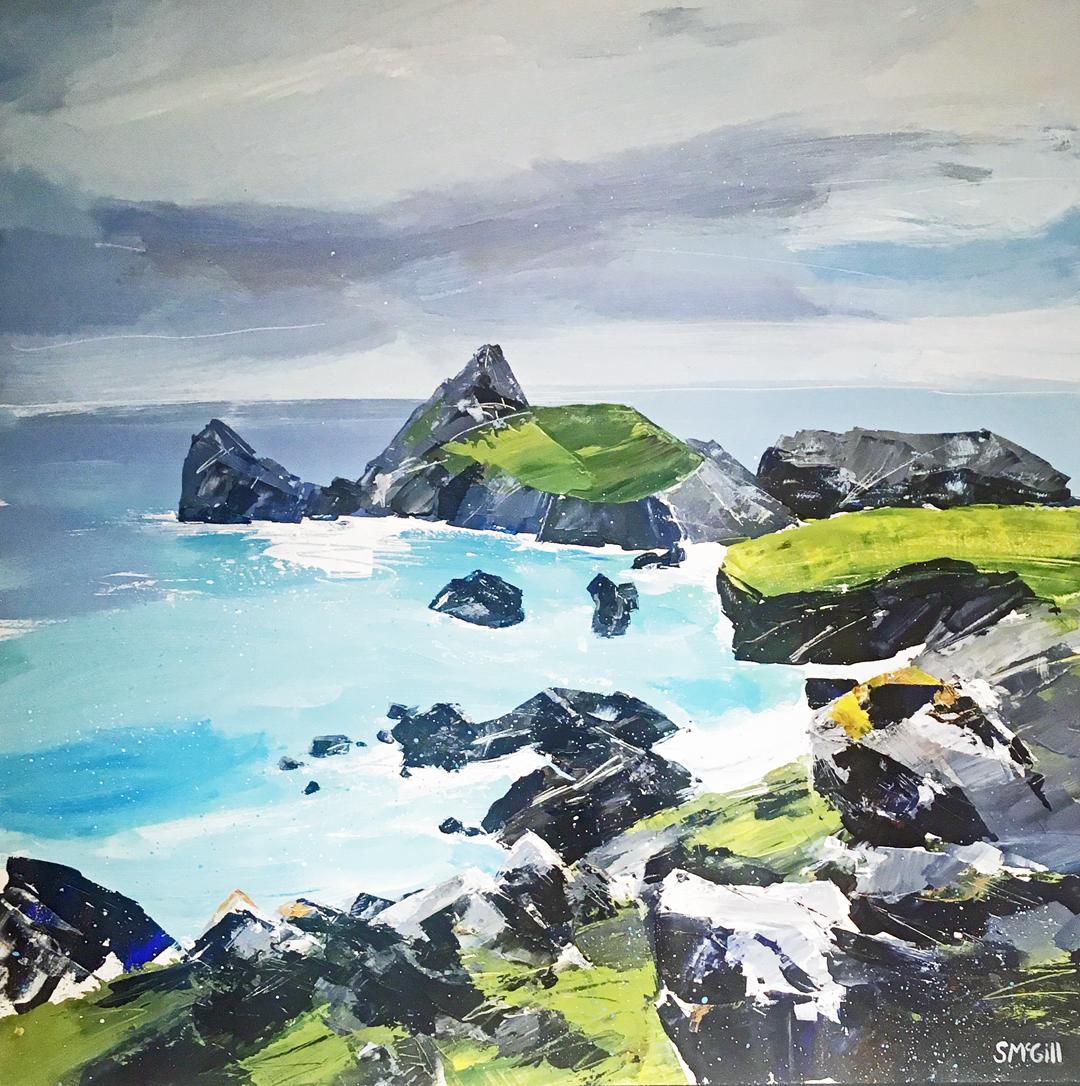 Sian McGill Landscape Painting - Kynance Cove II - landscape acrylic board framed coastline Cornwall