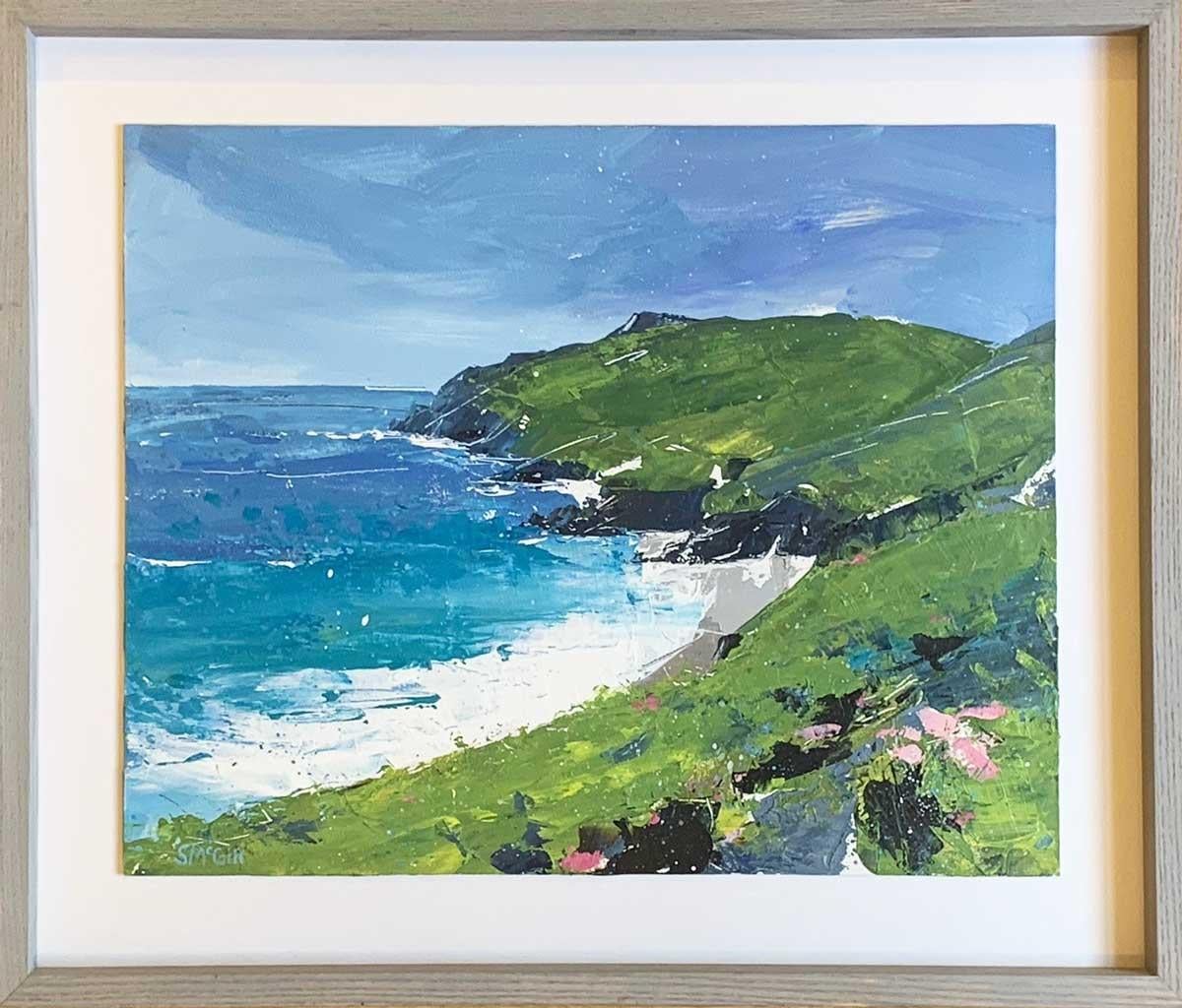 Porthchapel - Contemporary Rural Landscape: Framed Acrylic Painting - Blue Landscape Painting by Sian McGill