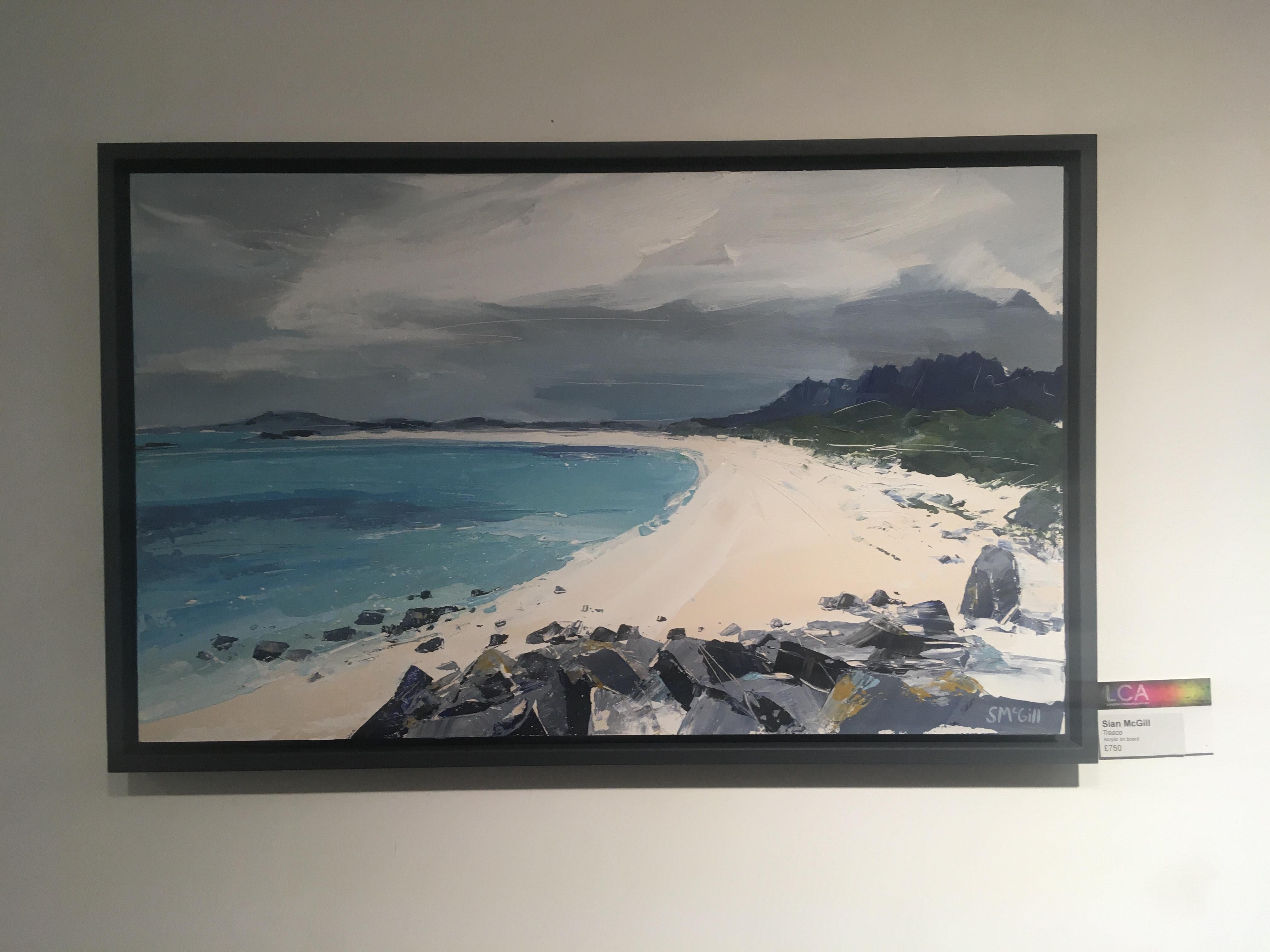 Tresco - landscape acrylic coastline framed - Painting by Sian McGill