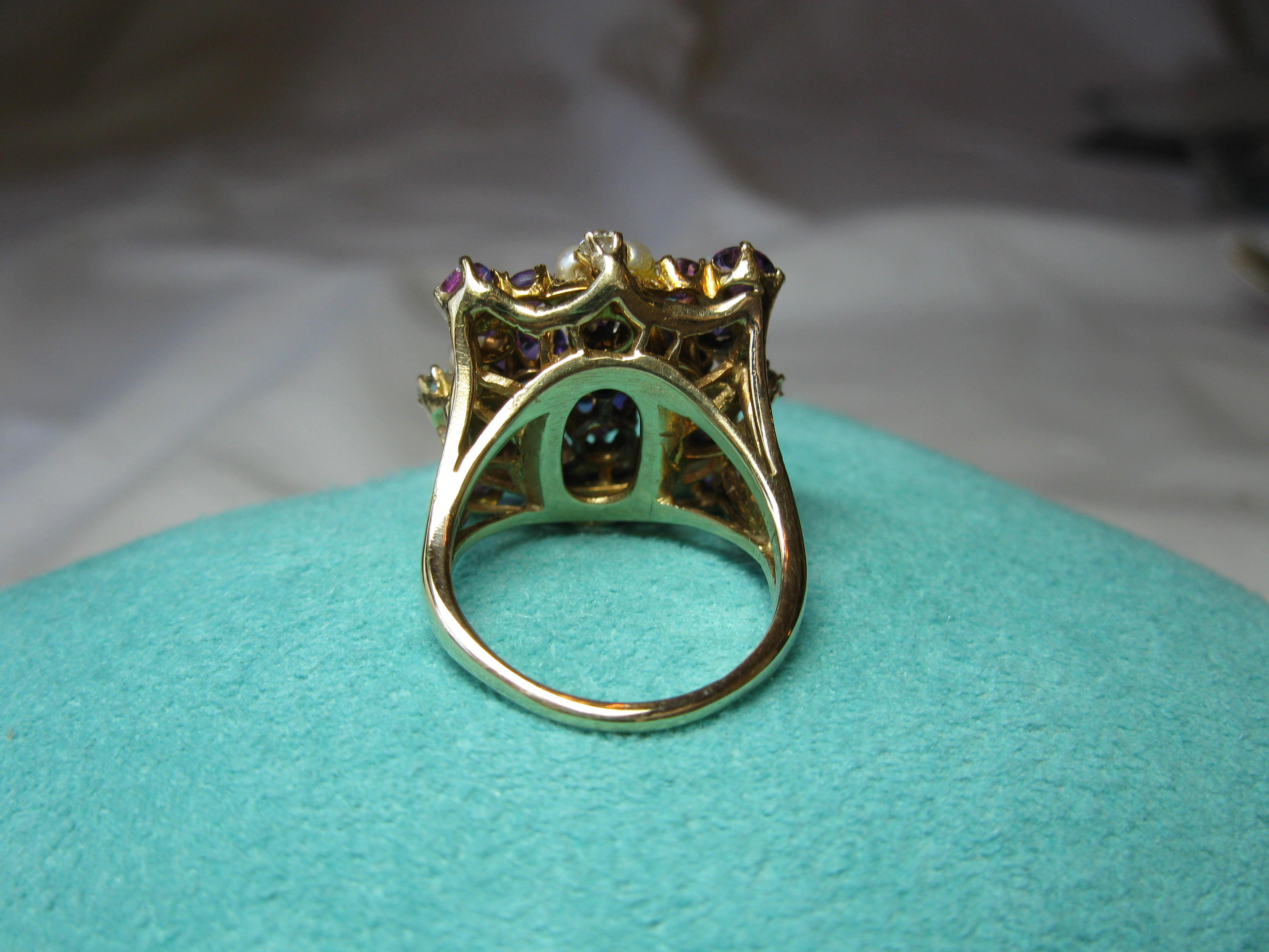 Siberian Amethyst Diamond Pearl Ring 14 Karat Gold Exquisite Cocktail For Sale 6