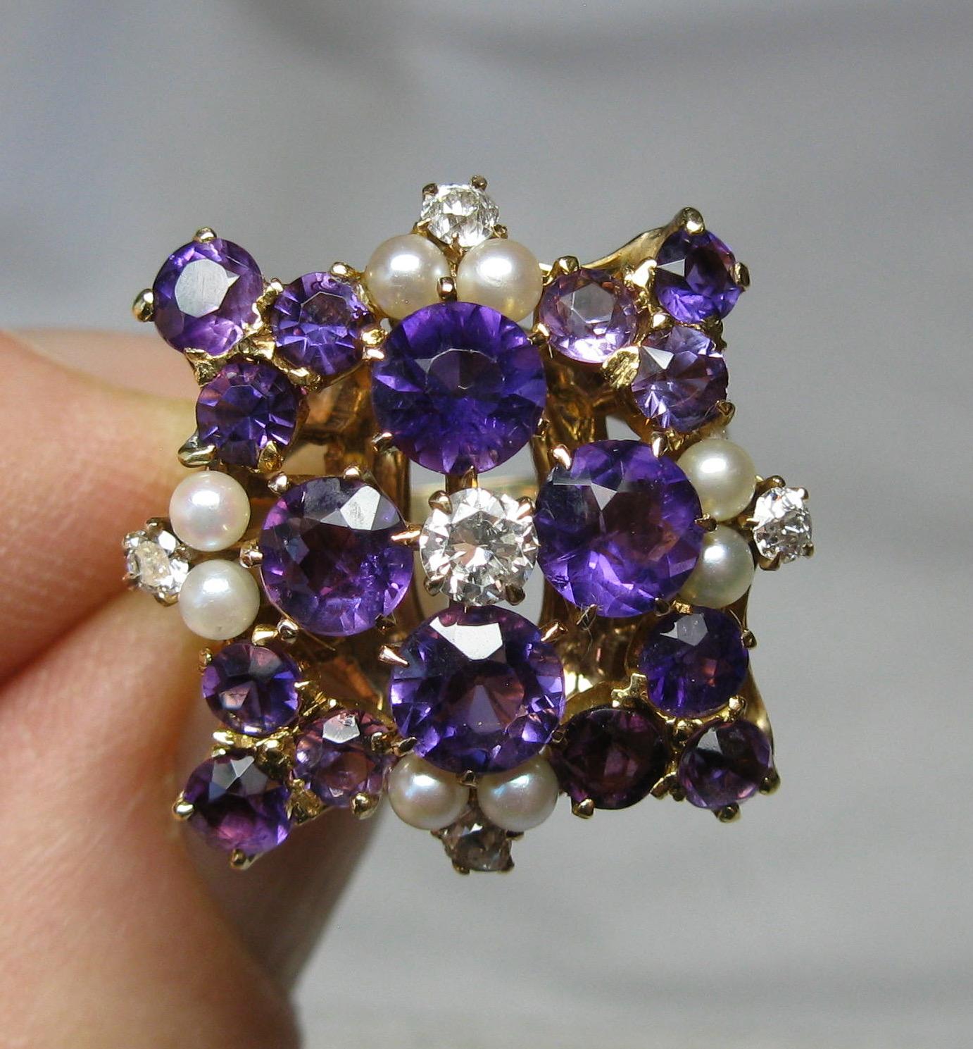 Retro Siberian Amethyst Diamond Pearl Ring 14 Karat Gold Exquisite Cocktail For Sale