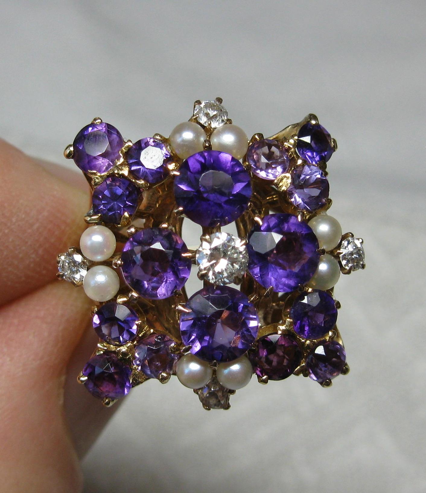 Round Cut Siberian Amethyst Diamond Pearl Ring 14 Karat Gold Exquisite Cocktail For Sale