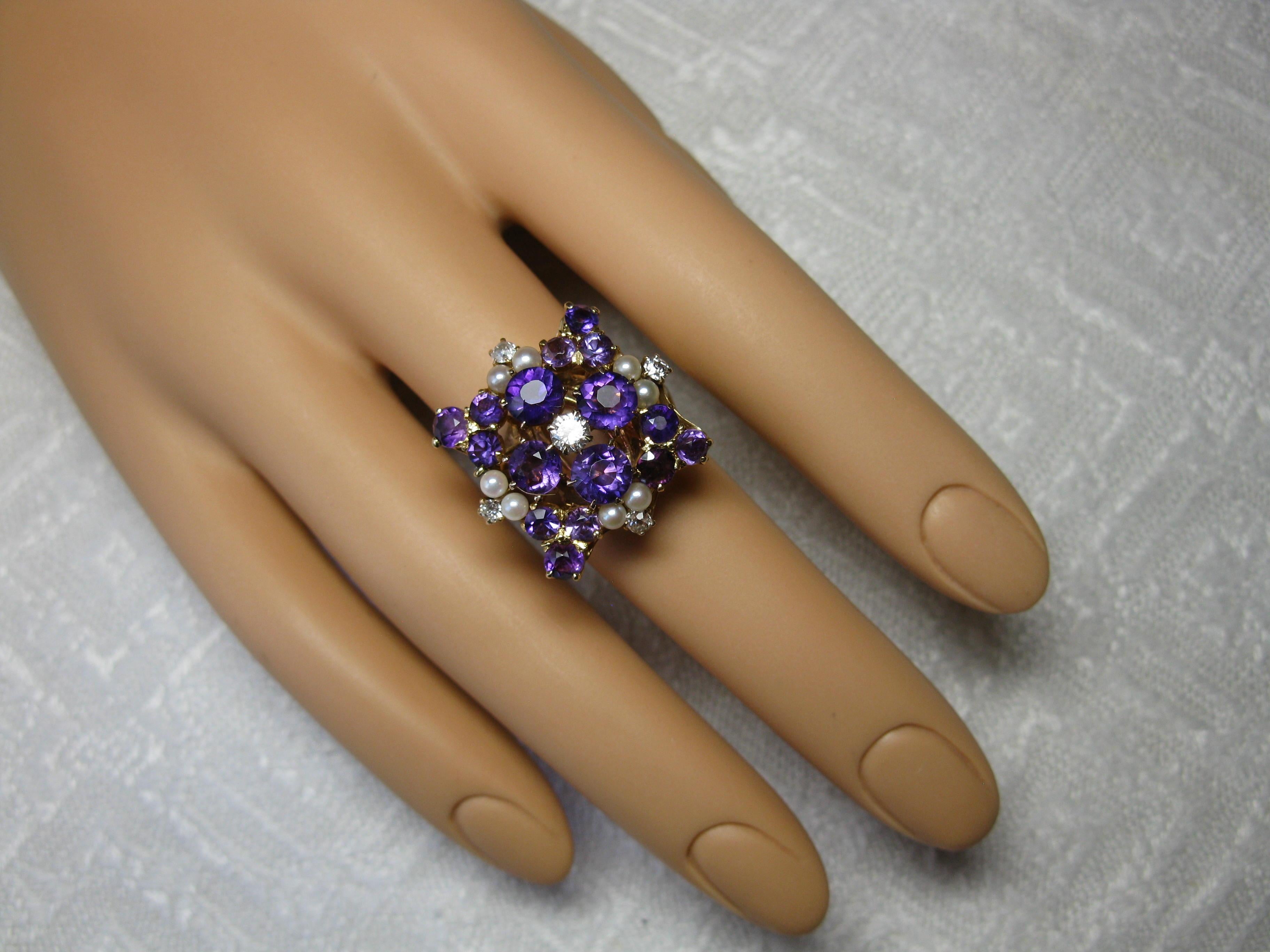 Women's Siberian Amethyst Diamond Pearl Ring 14 Karat Gold Exquisite Cocktail For Sale