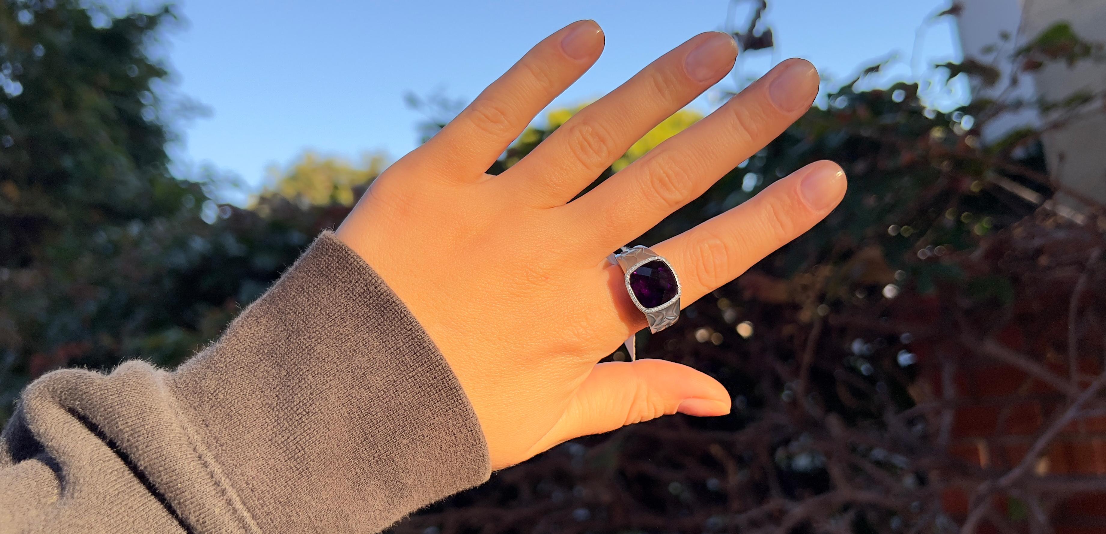 Siberian Amethyst = 12 Carat
(Cut: Mixed, Color: Purple, Origin: Natural)
Diamond = 0.20 Carats
(Cut: Round, Color: F-G, Clarity: VS)
Metal = 14K White Gold
Ring Size = 9