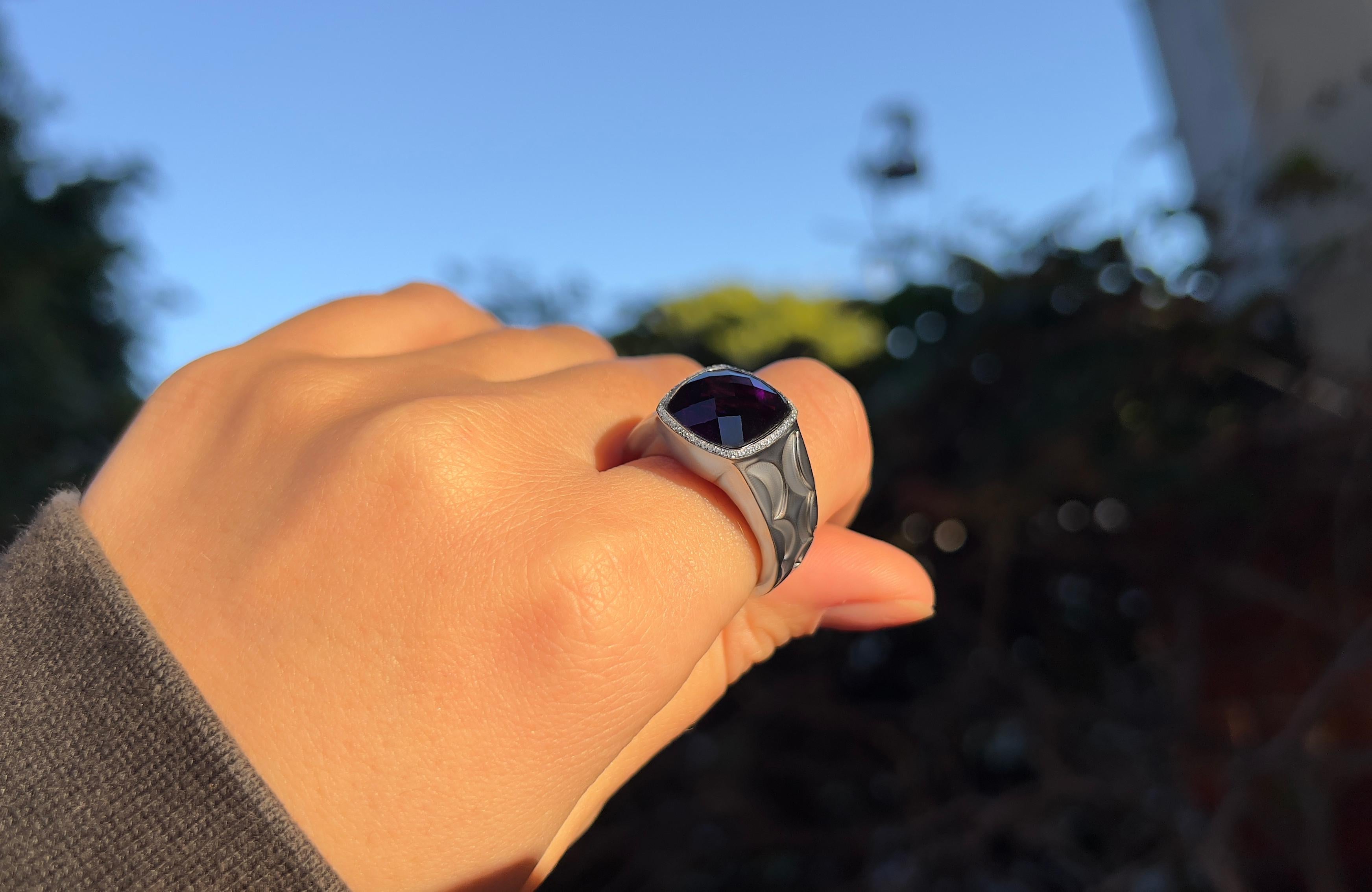 Mixed Cut Siberian Amethyst Ring With Diamonds 12.20 Carats 14K White Gold For Sale
