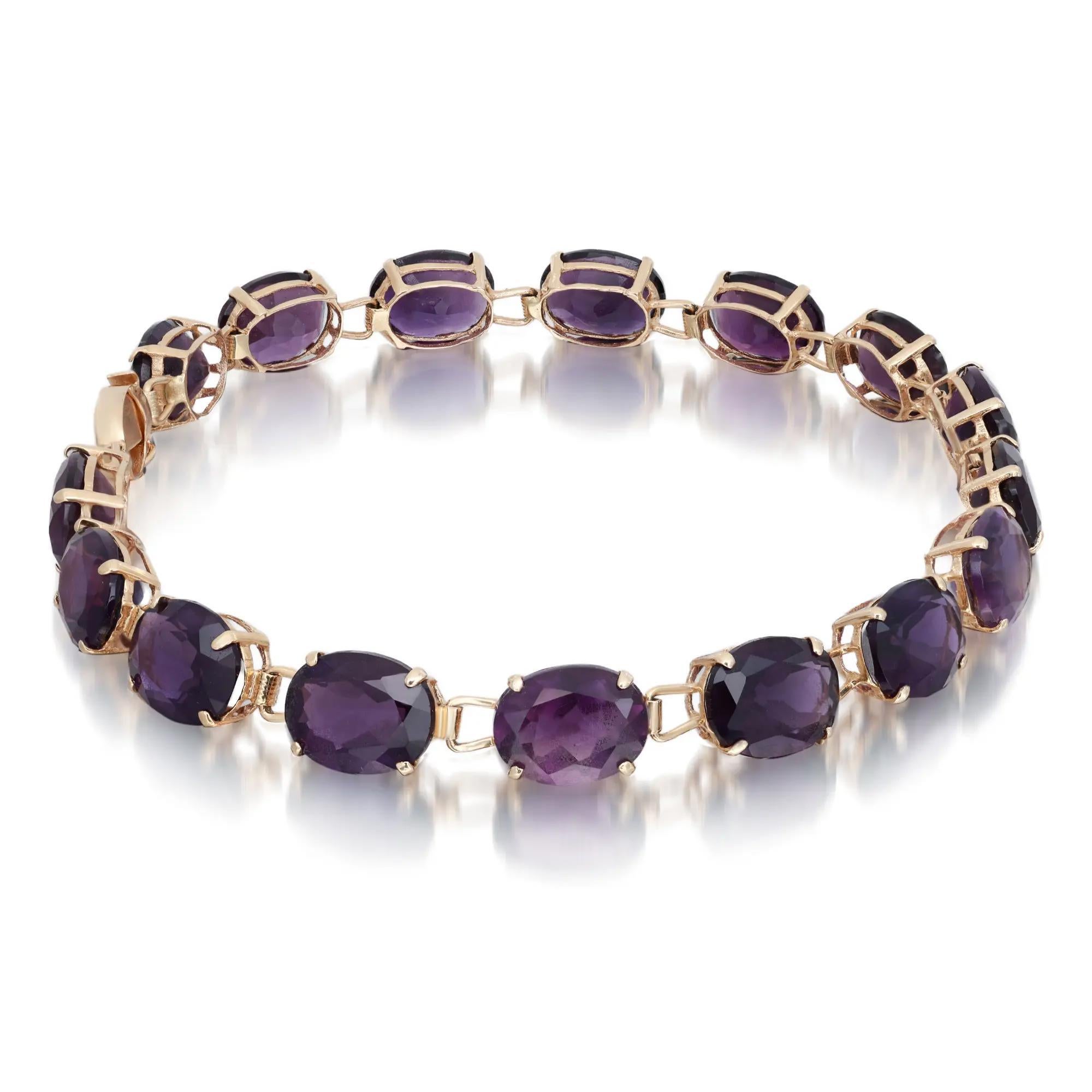 Oval Cut Siberian Amethyst Tennis Bracelet 14K Yellow Gold 30Cttw 7.5 inches