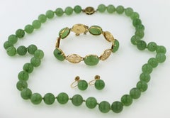 Siberian Nephrite Jade, 14k Gold Necklace, Bracelet and Earrings Jewelry Suite