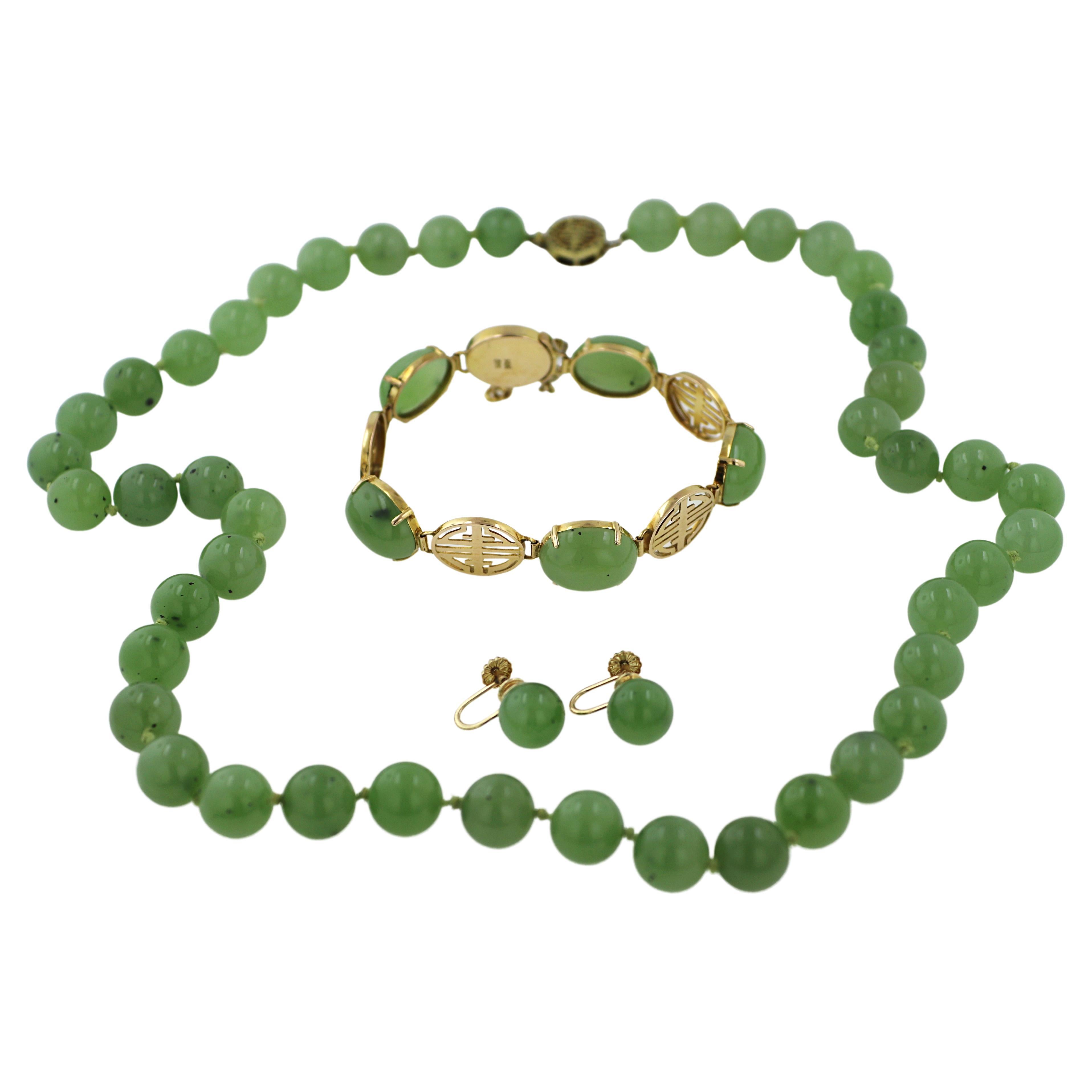 Siberian Nephrite Jade, 14k Gold Necklace, Bracelet and Earrings Jewelry Suite For Sale