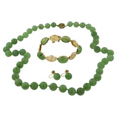 Siberian Nephrite Jade, 14k Gold Necklace, Bracelet and Earrings Jewelry Suite