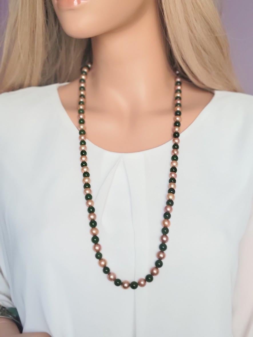 Bead Siberian Nephrite Jade and Freshwater Pearls Necklace For Sale