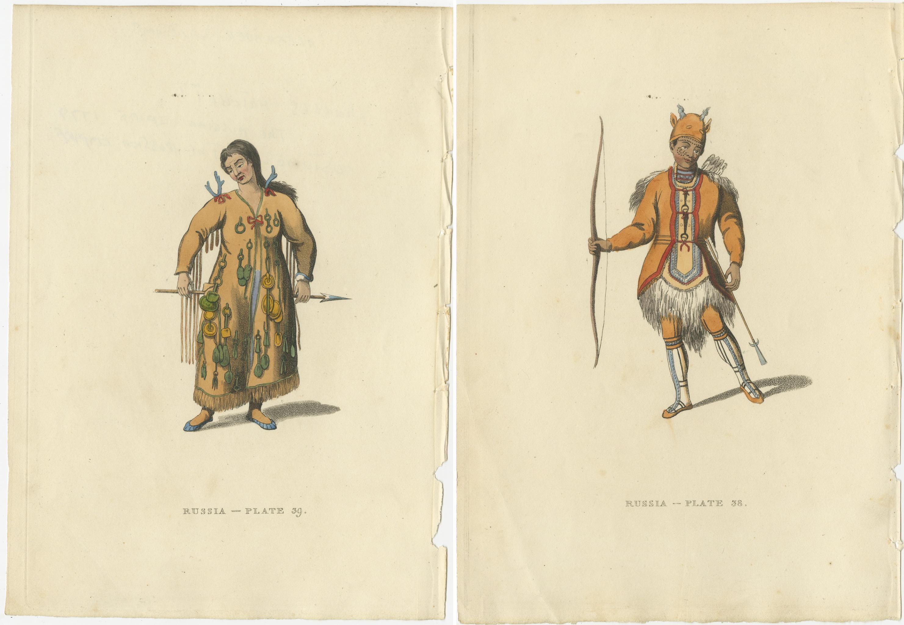 Die beiden Stiche zeigen anschaulich Angehörige der tungusischen Völker Sibiriens, die für ihre besonderen kulturellen Praktiken und ihre Kleidung bekannt sind.

1. Die Gravur 
