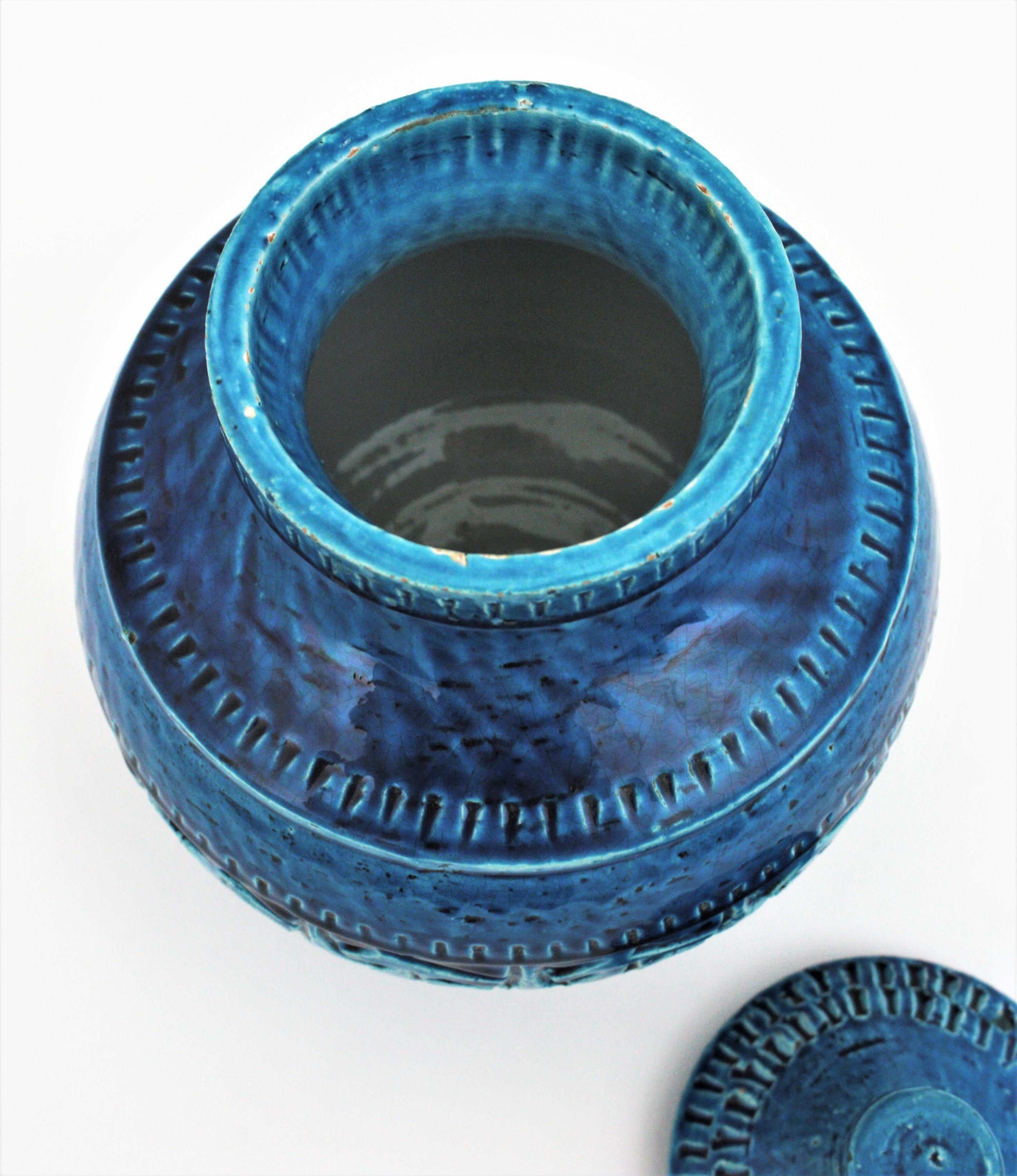 Grand récipient/boîte à couvercle Sic Rimini en céramique émaillée bleue de style Bitossi Aldo Londi en vente 2