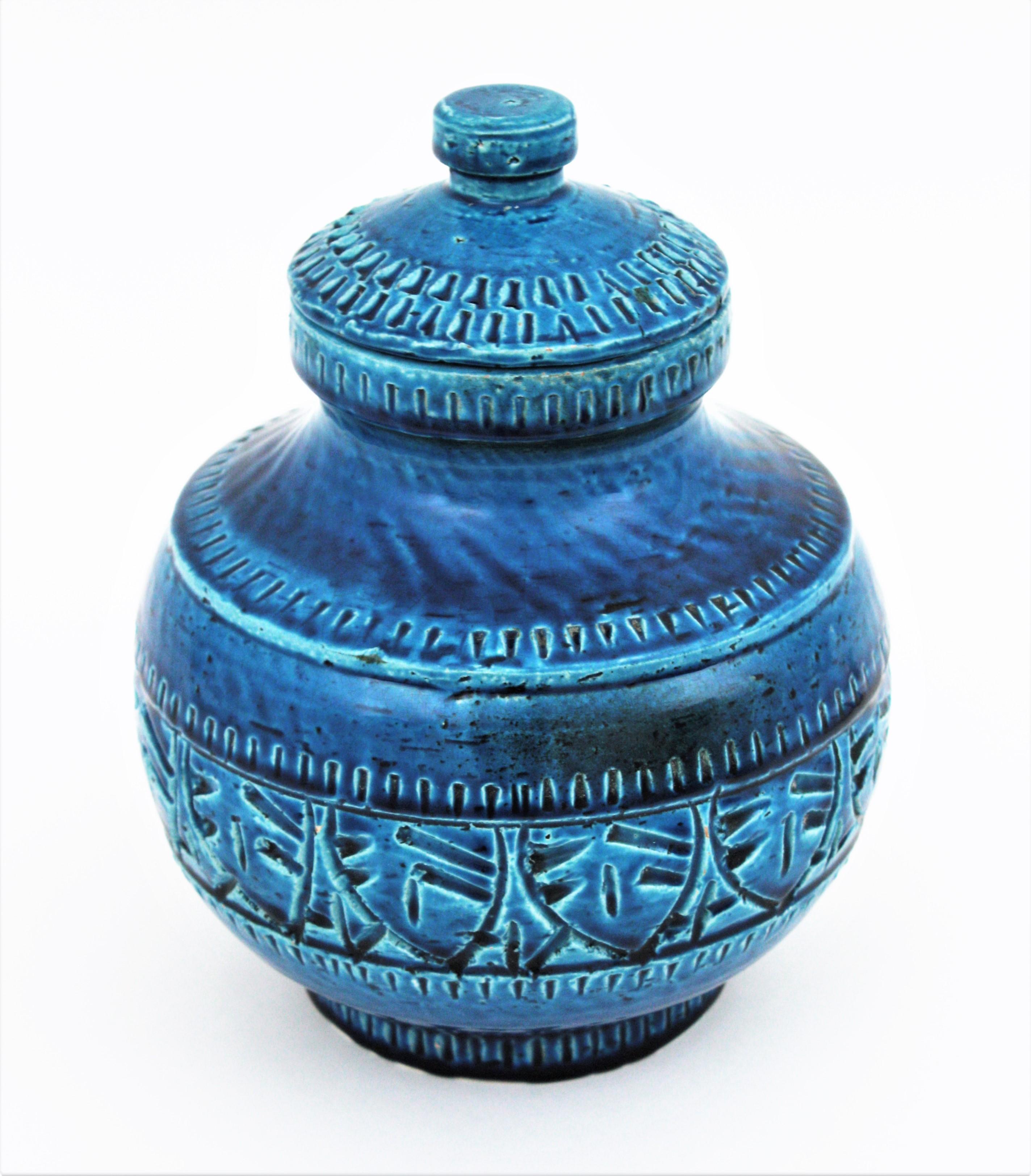 Sic Rimini Blu Glazed Ceramic Large Lidded Vessel / Box Bitossi Aldo Londi Style For Sale 5