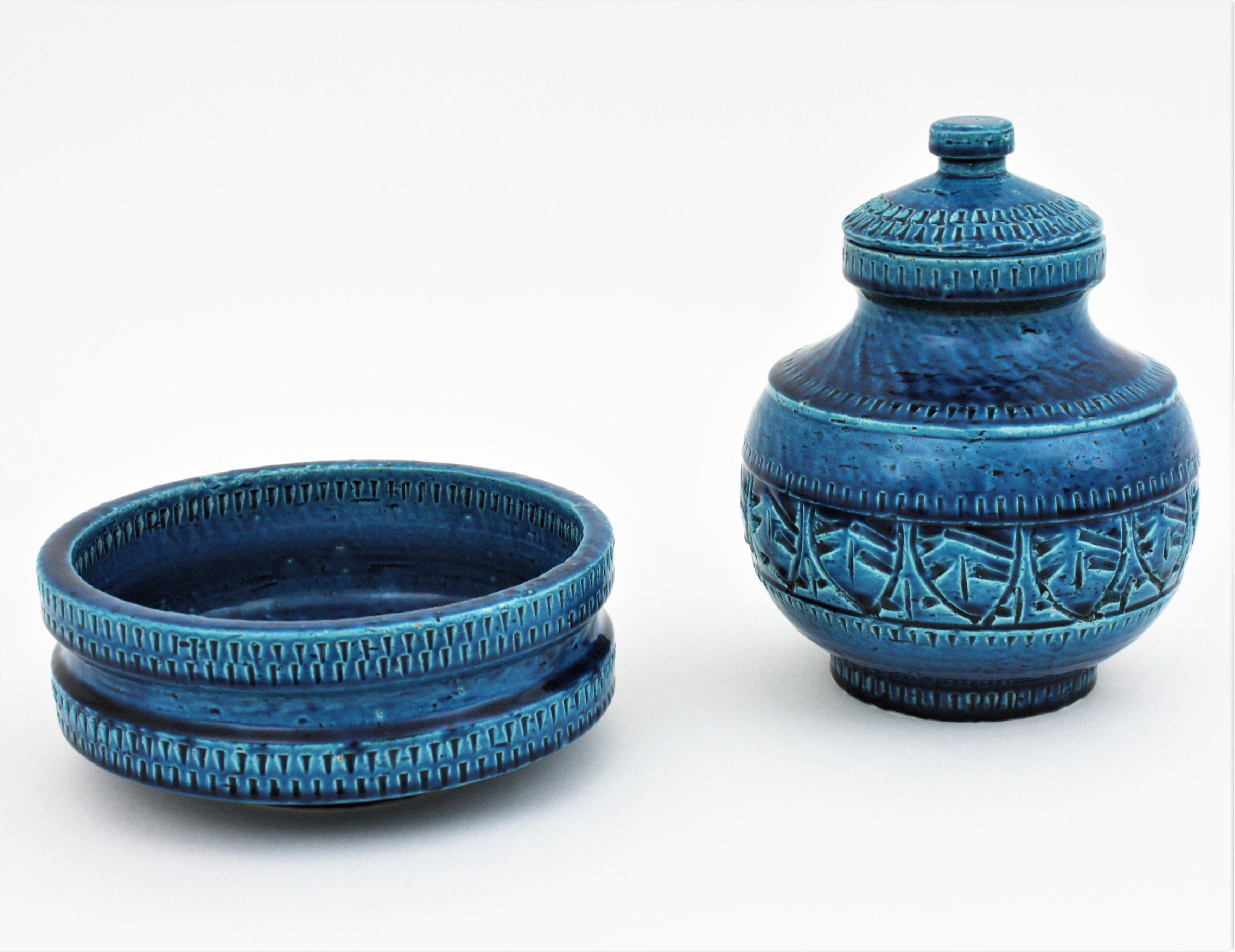 Mid-Century Modern Grand récipient/boîte à couvercle Sic Rimini en céramique émaillée bleue de style Bitossi Aldo Londi en vente