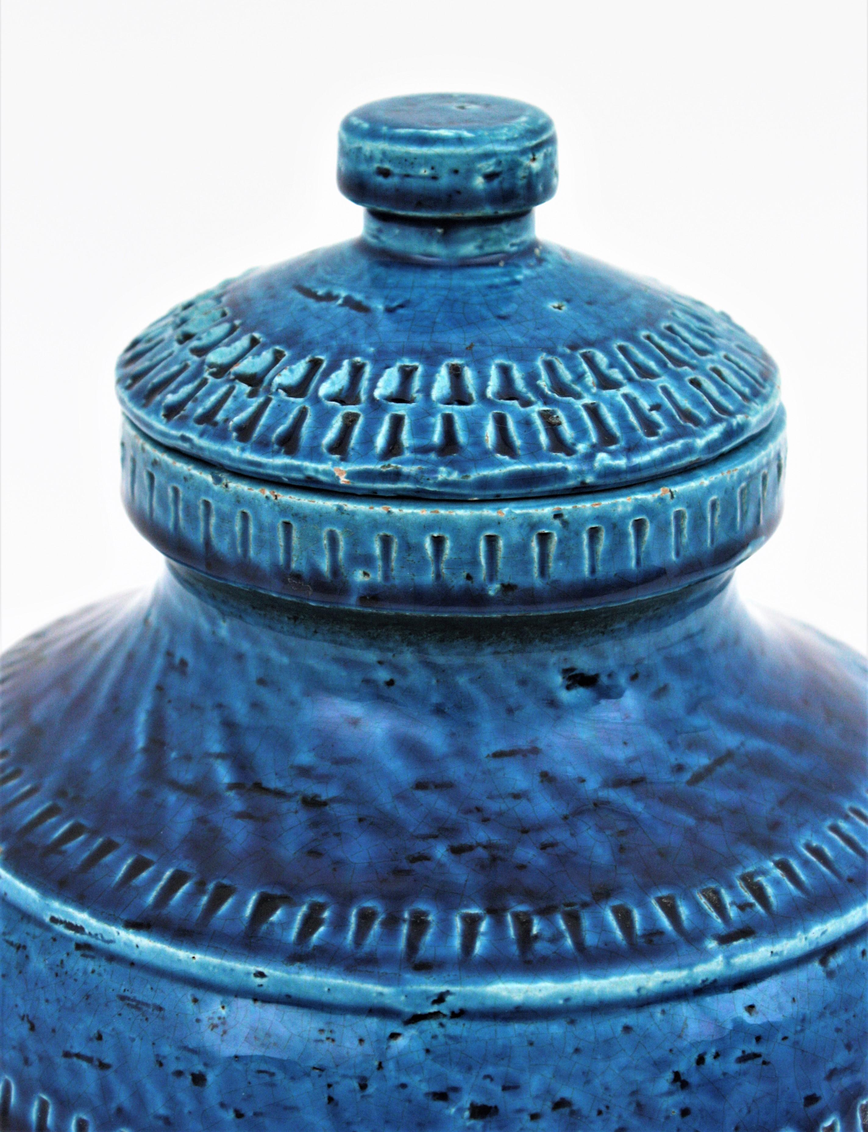 20th Century Sic Rimini Blu Glazed Ceramic Large Lidded Vessel / Box Bitossi Aldo Londi Style For Sale