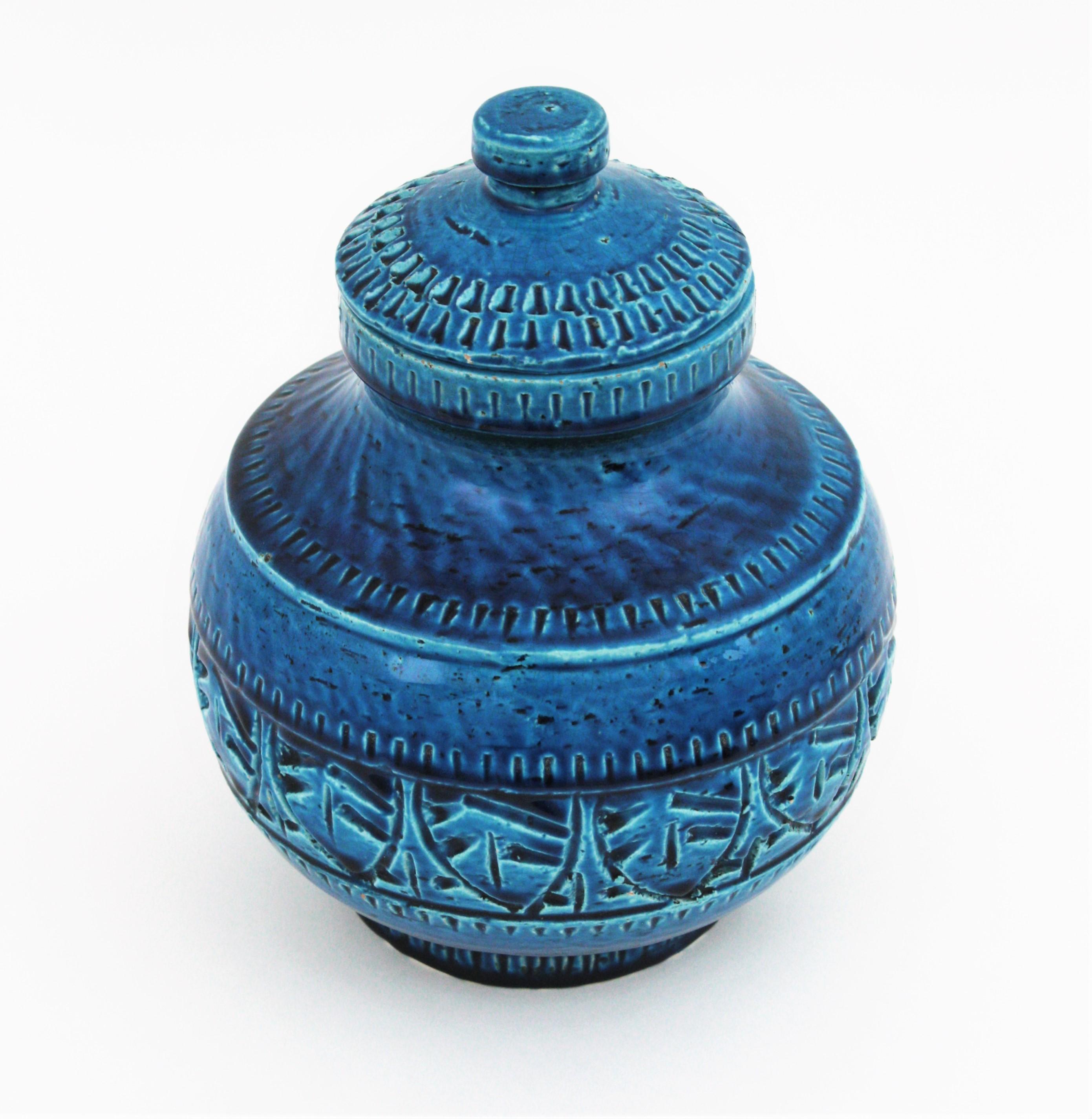 Céramique Grand récipient/boîte à couvercle Sic Rimini en céramique émaillée bleue de style Bitossi Aldo Londi en vente