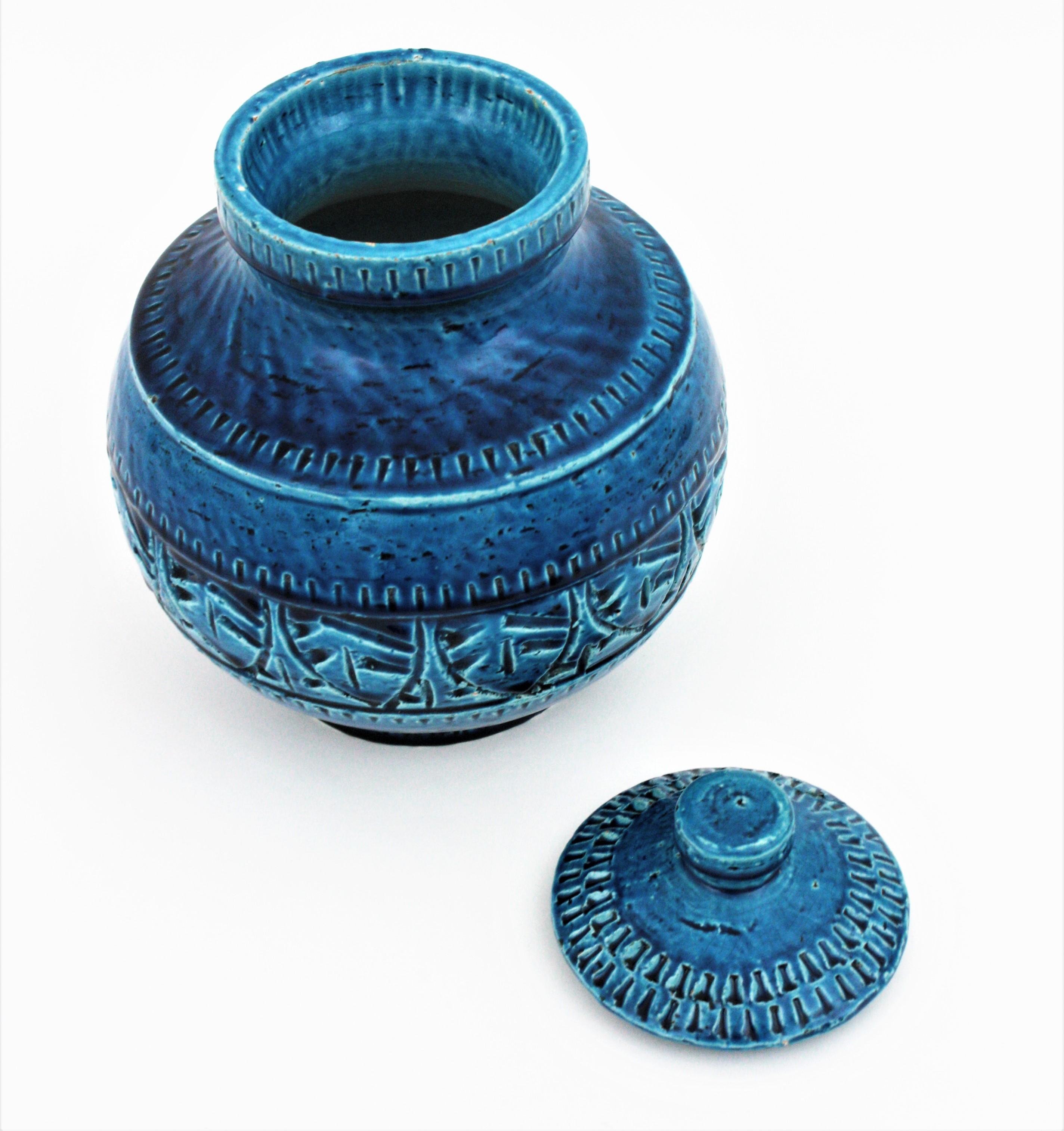 Grand récipient/boîte à couvercle Sic Rimini en céramique émaillée bleue de style Bitossi Aldo Londi en vente 1