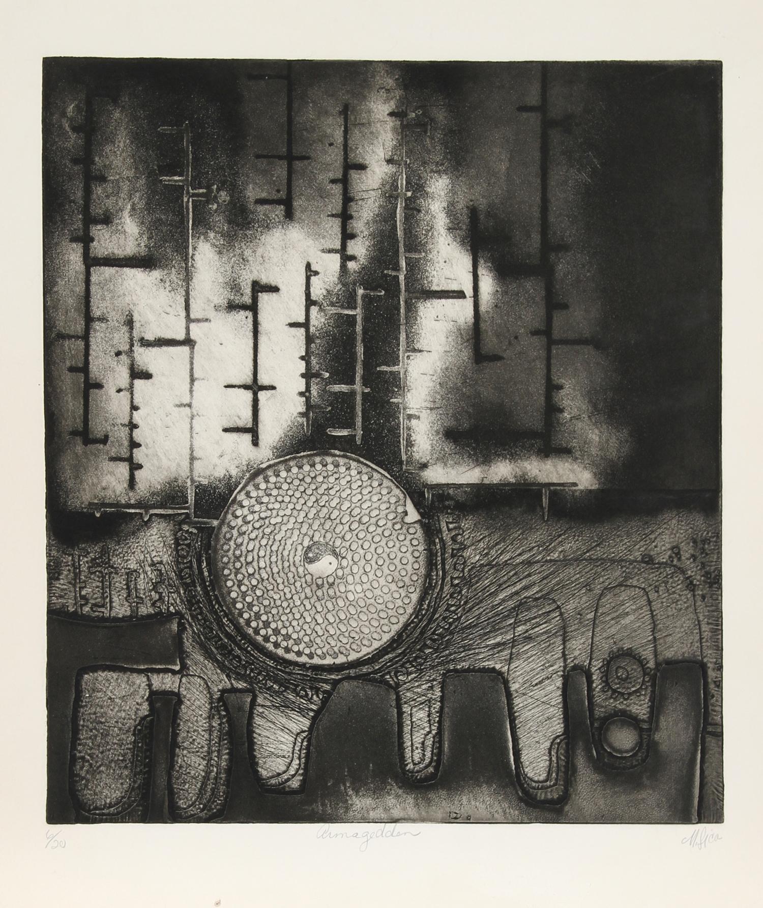 Künstler: SICA, Amerikaner (1932 - )
Titel: Armageddon
Medium: Aquatinta-Radierung, mit Bleistift signiert und nummeriert
Ausgabe: 6/20
Bildgröße: 18 x 16 Zoll
Größe: 22 Zoll x 20 Zoll (55,88 cm x 50,8 cm)