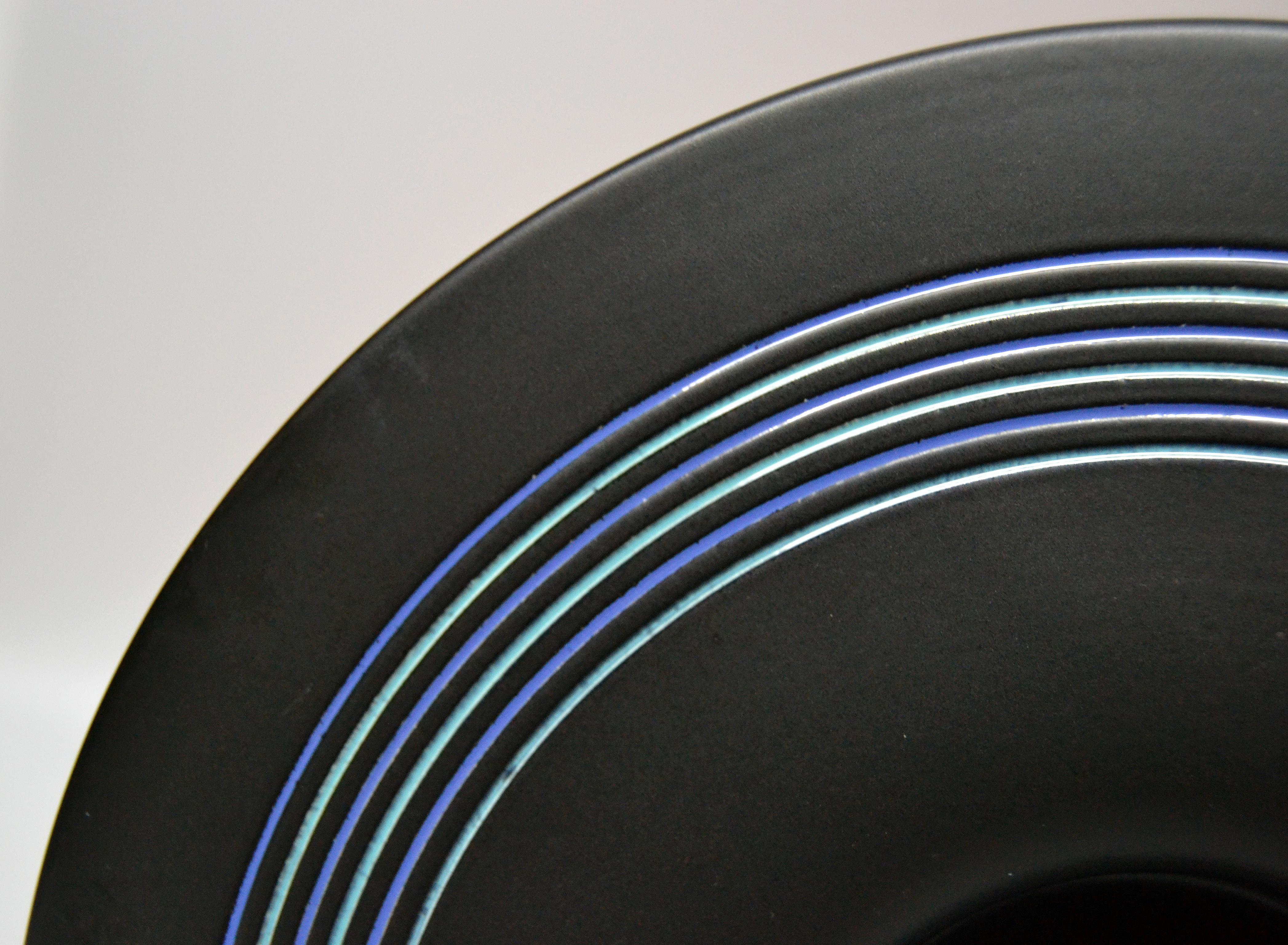 Mid-Century Modern Sicart Ceramic Plate, Centerpiece, Fruit Bowl in Black & Blue by Boccato, Italy