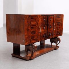 Sicilian Art Deco Sideboard Drawers Wood with Hand-Carved Elephants, 1930s