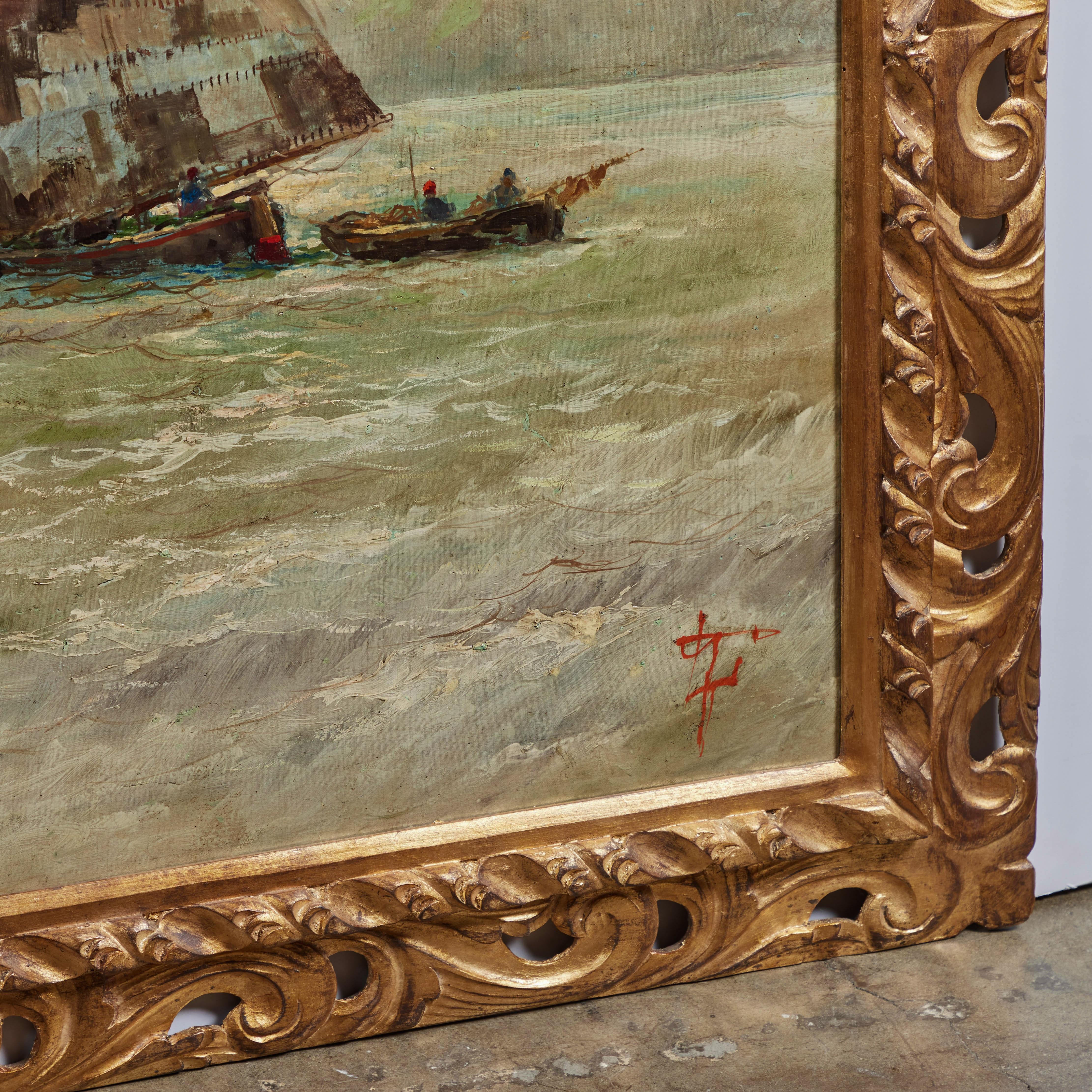 Hand-Carved Sicilian Boats in Harbor Oil on Canvas