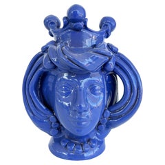 Sicilian Caltagirone Blue Glazed Ceramic Pottery Figurative Vase, Signed